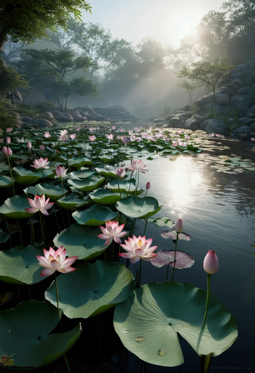 Multiple lotus flowers, By the creek, Foggy and mysterious,Ray Tracing, Realism,Ultra HD, Retina, masterpiece, precise, Super Detail, Anatomically correct, High Detail, high quality, The award-winning, best quality, high resolution, 16K