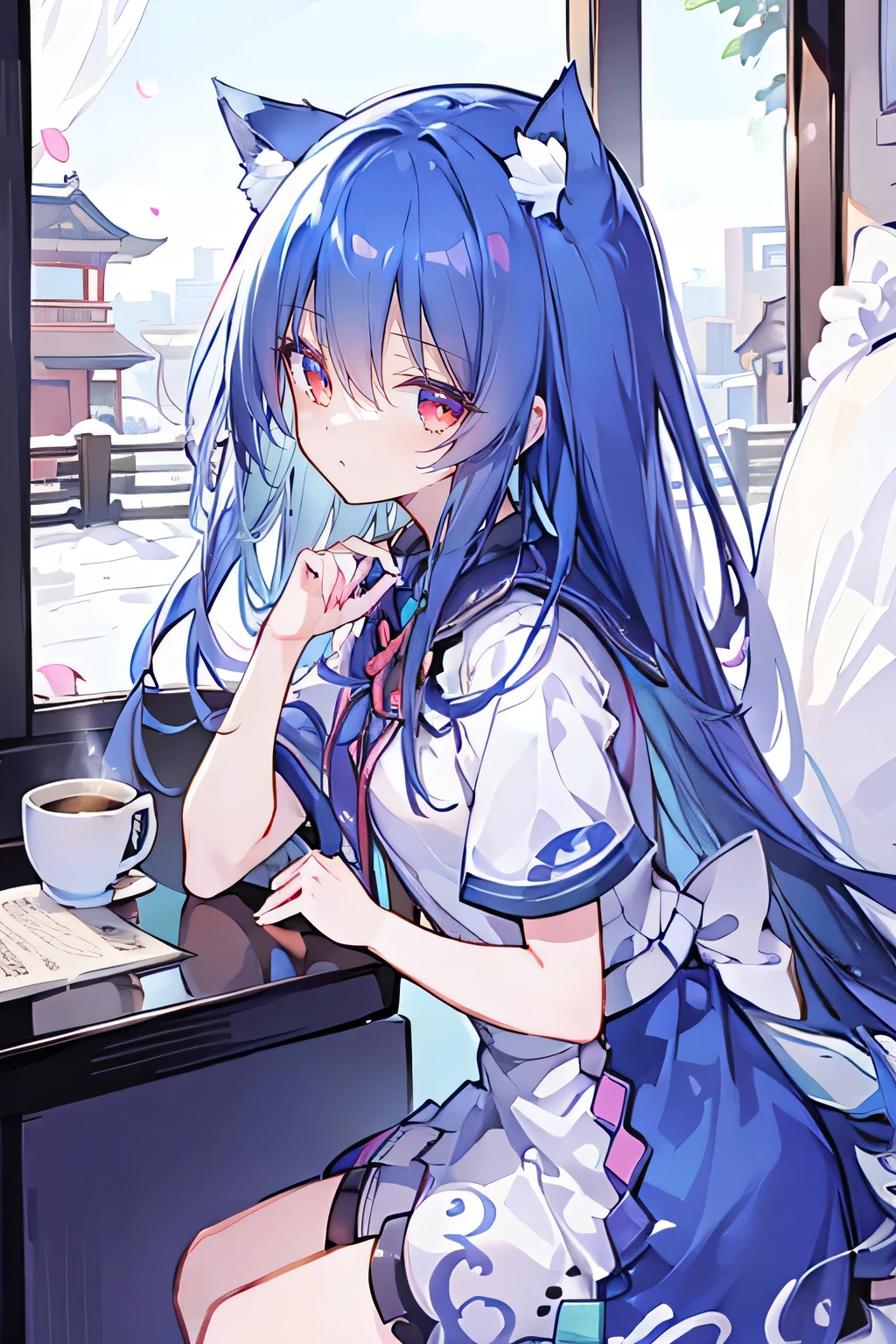 (Masterpiece:1.2)，Ultra-detailed，lifelike，The eyes are expressive，Fair skin，Perfect face shape，1 girl，Japanese Manga，Gorgeous blue hair，Flowing blue hair，Flowing clothes，Cat ears，Petals falling，Smile，Tokyo background，background，heavy snow，winter.Highest quality，perfect face，sitting on window sill drinking coffee and looking out the window.