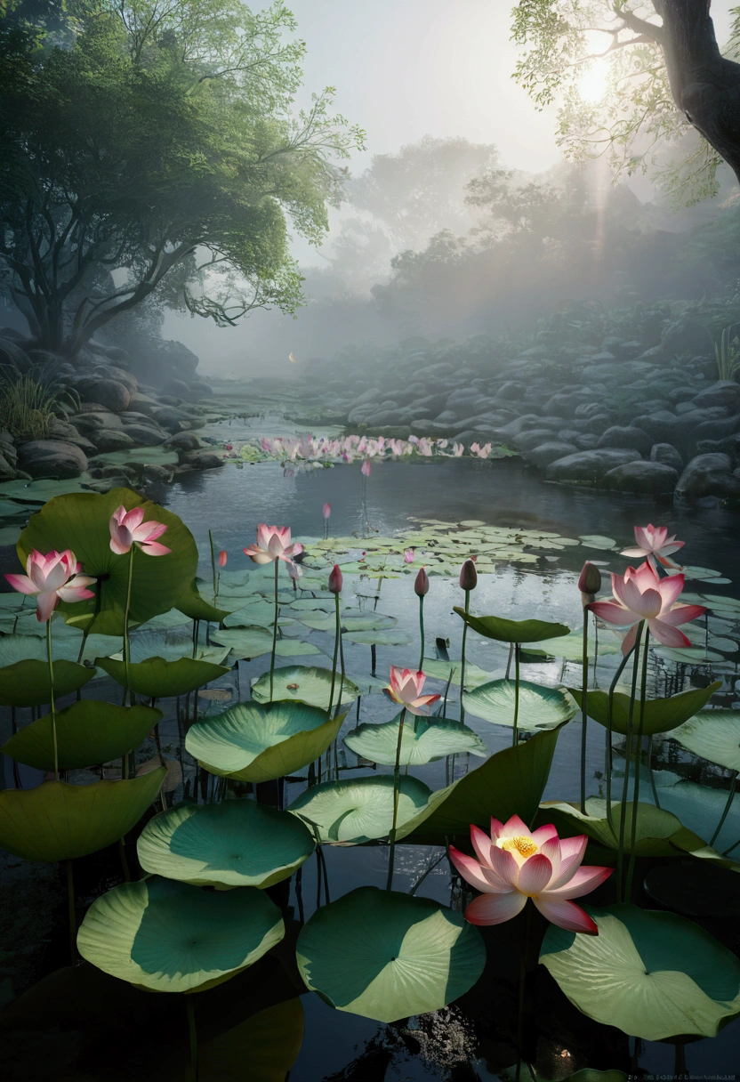Multiple lotus flowers, By the creek, Foggy and mysterious，Ray Tracing, Realism，Ultra HD, Retina, masterpiece, precise, Super Detail, Anatomically correct, High Detail, high quality, The award-winning, best quality, high resolution, 16K