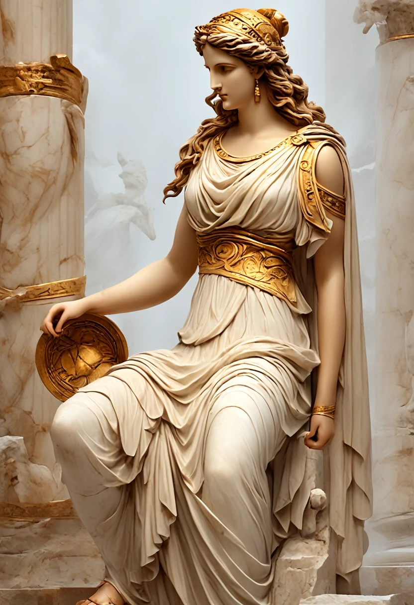 photorealistic of porcelain jar with {Athena Goddess}painted in it(Graeco-Roman style:1.2)ancient Greek style, painting {sitting back in the throne}, iconic sitting stance(porcelain jar:1.0), warrior suit, best quality, glowing surfaces, blurry edges, stunning movement transition background UHD, super detailed{BREAK} reflection of sunflare on the surface(reflection:1.2)