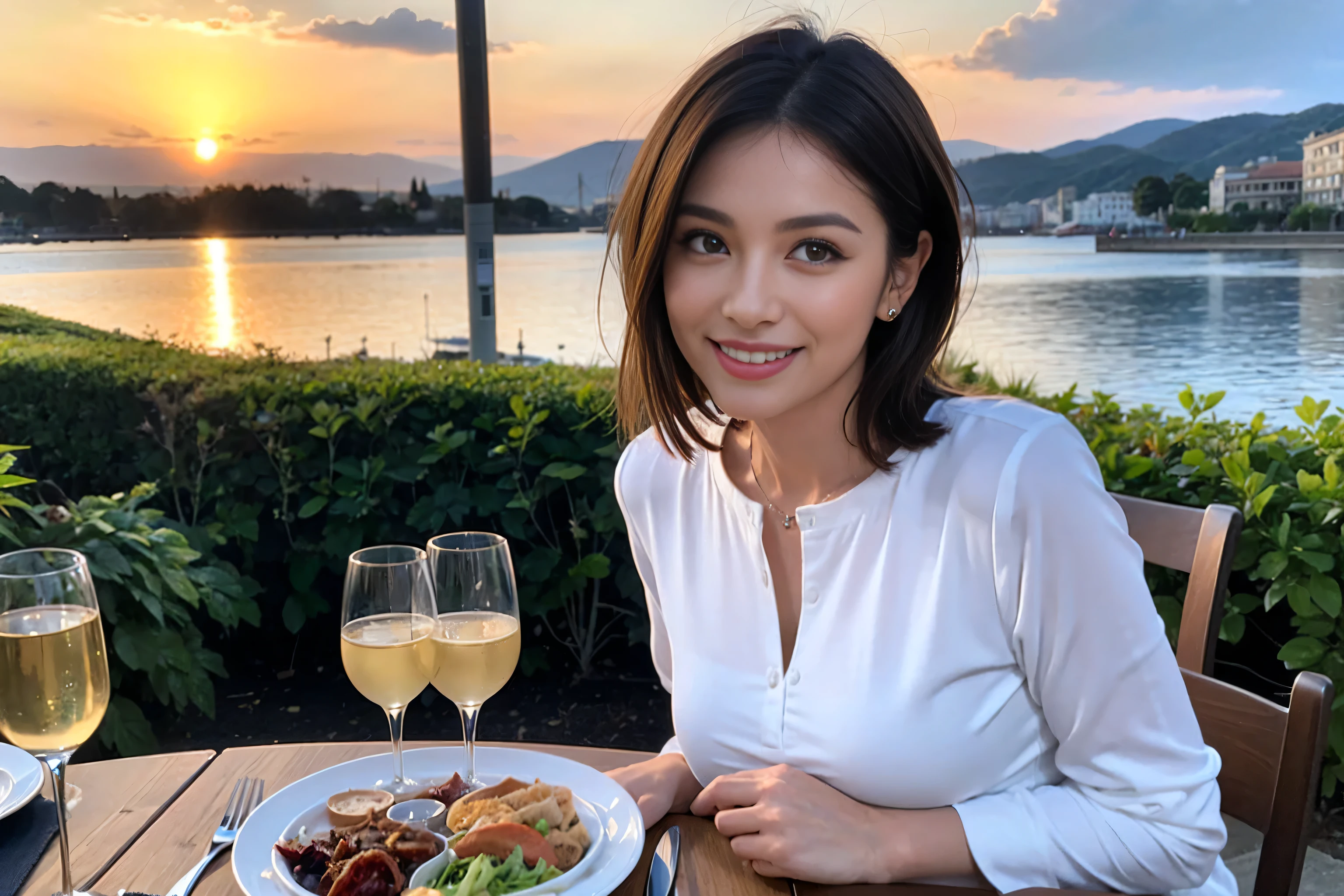(Realistic:1.1),(masterpiece,Highest quality),8k,(40 years old), 44 years old, slimカップル、Model Couple、actress/actor、Tight waist,Upper Body,full-course dinner、wine 、Amazing view of the sunset sky and clouds、Perfect Anatomy, Brown Hair, short hair,Random Hairstyles,((Highly detailed face and eyes:1.2))(cute顔:1.4),美しいactressの顔,Perfect golden ratio face,Long sleeve shirt、dress,(smile:1.2)、Shortcuts、cute、(Realistic, Intricate details:1.2), A bright smile、short hair,Bright Face、赤wine 、Appetizers、Italian food、wine bottle、Champagne、スパークリングwine、(slimな顔), (The body is slim), (Brown Hair), (Shortcuts), Upper Body, 白wine, slim, wineグラス,
