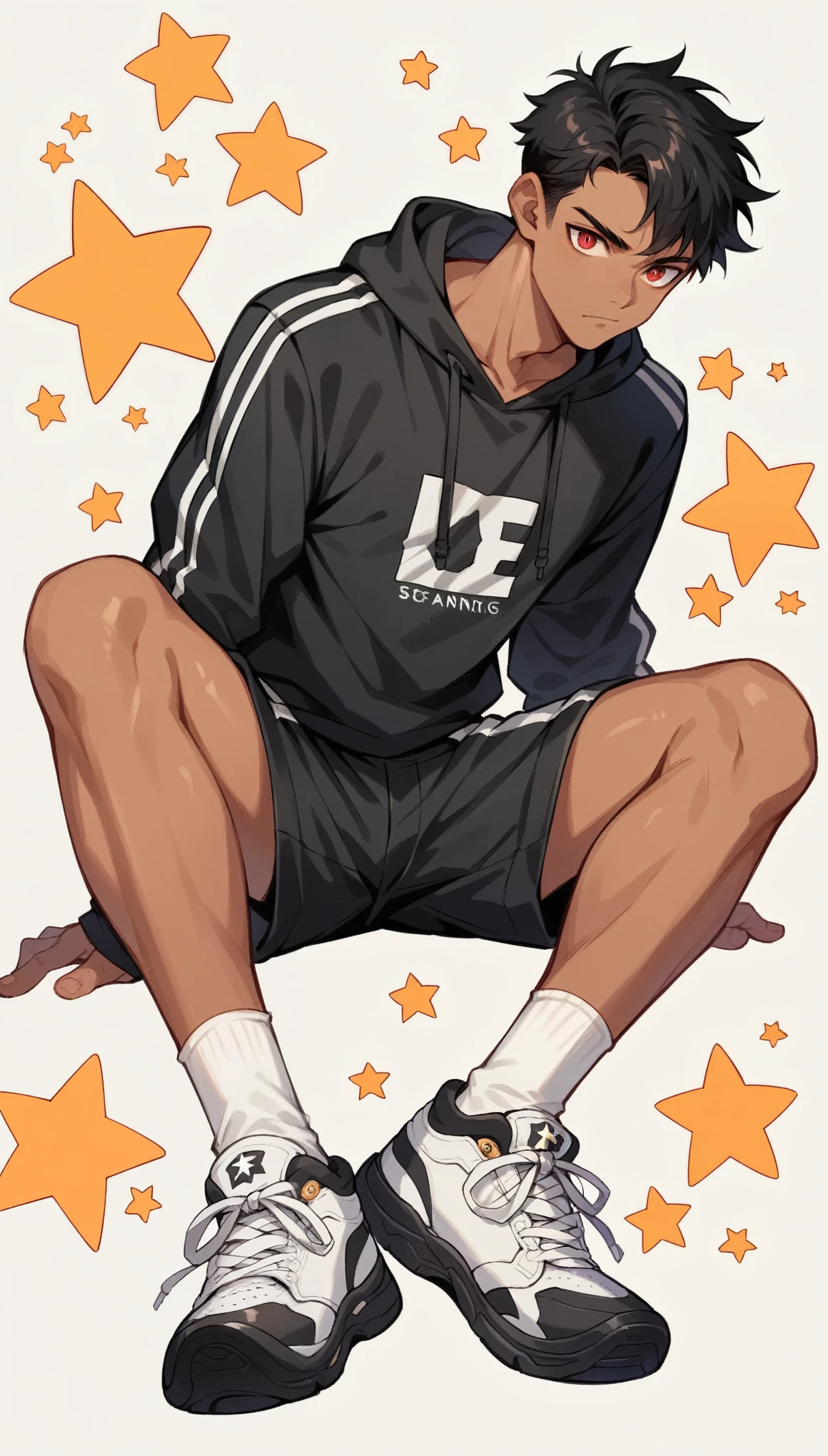 Handsome boy,Black Hair,Tanned skin,black sports wear,Slim body,sit,He has a pair of warm red eyes,Stars background,White socks,White sneakers,Vision