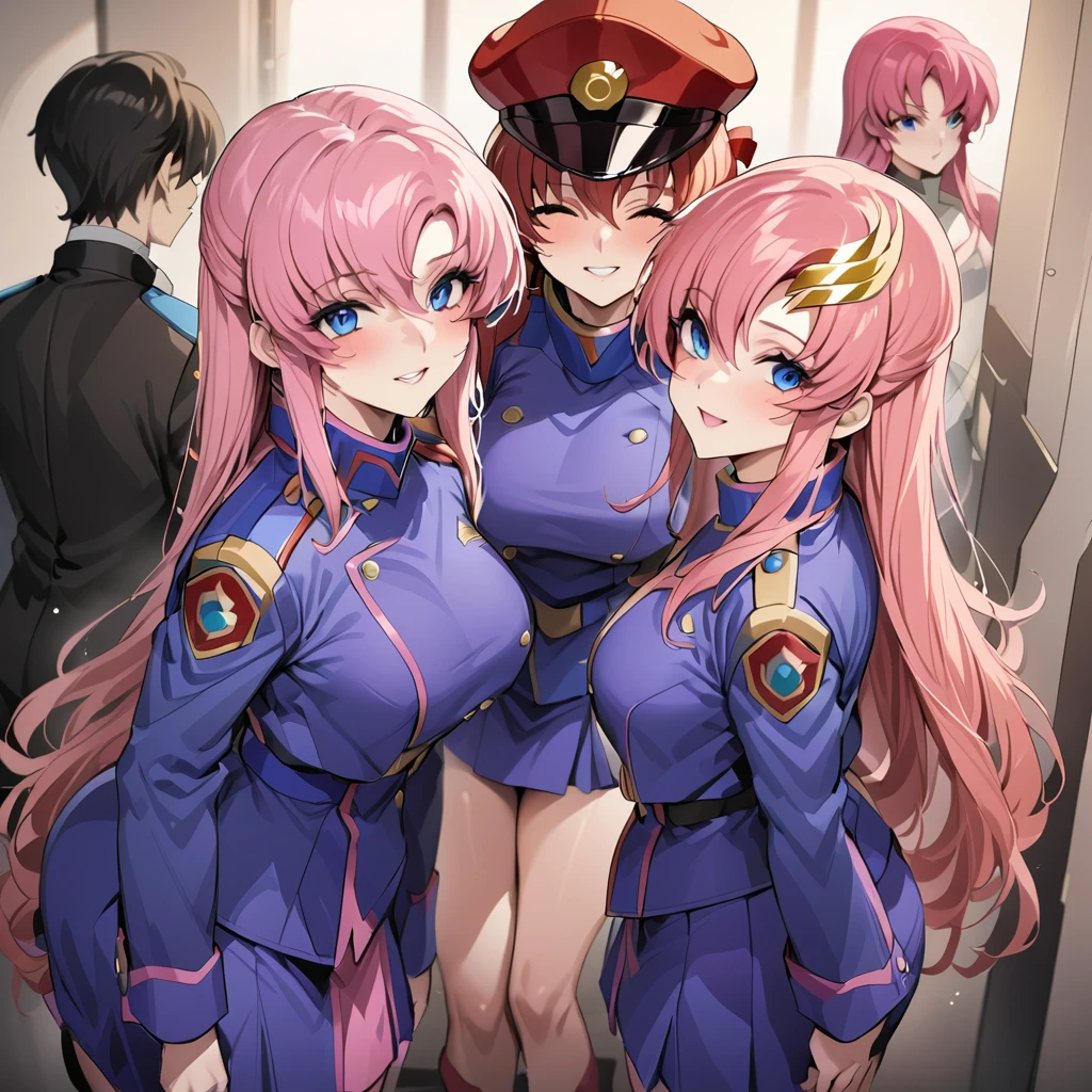 ((Highest quality)), ((masterpiece)), (detailed), (Perfect Face)、Gundam SEED、The woman is Lacus Clyne, with blue eyes, pink medium-long hair and a hair accessory.、The woman is a senior female officer in the Earth Federation Army, wearing an Earth Federation Army uniform and a military cap.
