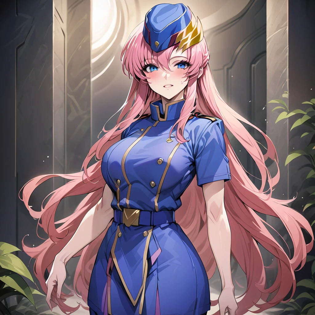 ((Highest quality)), ((masterpiece)), (detailed), (Perfect Face)、Gundam SEED、The woman is Lacus Clyne, with blue eyes, pink medium-long hair and a hair accessory.、The woman is a senior female officer in the Earth Federation Army, wearing an Earth Federation Army uniform and a military cap.