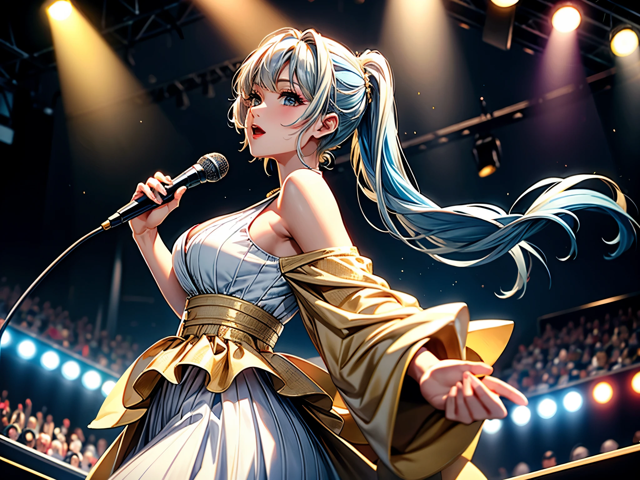 1 lady solo, K-POP artist, (singing:1.2) (dynamic posing:1.2), (stylish outfit), beautiful mature female, /(beige blonde hair streaked sky-blue hair end/), bangasterpiece (best quality:1.2), delicate illustration, ultra-detailed, large breasts, BREAK, (holding a microphone) , one hand up, face to audience, BREAK, (large music stage) indoors, various colored spotlight, audience, POV from side,