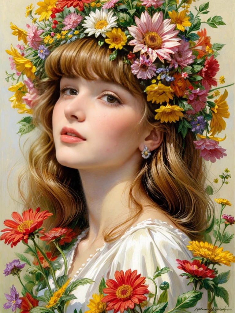 commercial illustration of a woman dressed in flowers with flowers in her hair, in the style of artgerm, vibrant palette knife, franciszek starowieyski, michael malm, captures the essence of nature, sun-kissed palettes, illustration --ar 58:77 --s 750 --style raw , midshot, blonde long hair, eyes on camera