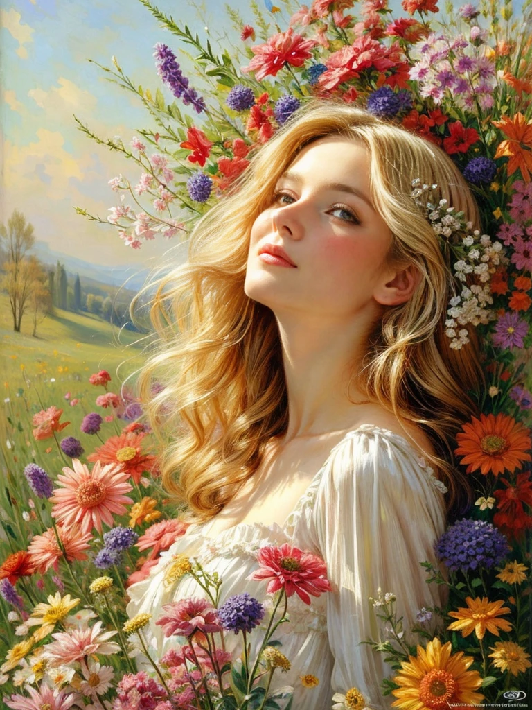 commercial illustration of a woman dressed in flowers with flowers in her hair, in the style of artgerm, vibrant palette knife, franciszek starowieyski, michael malm, captures the essence of nature, sun-kissed palettes, illustration --ar 58:77 --s 750 --style raw , midshot, blonde long hair, eyes on camera