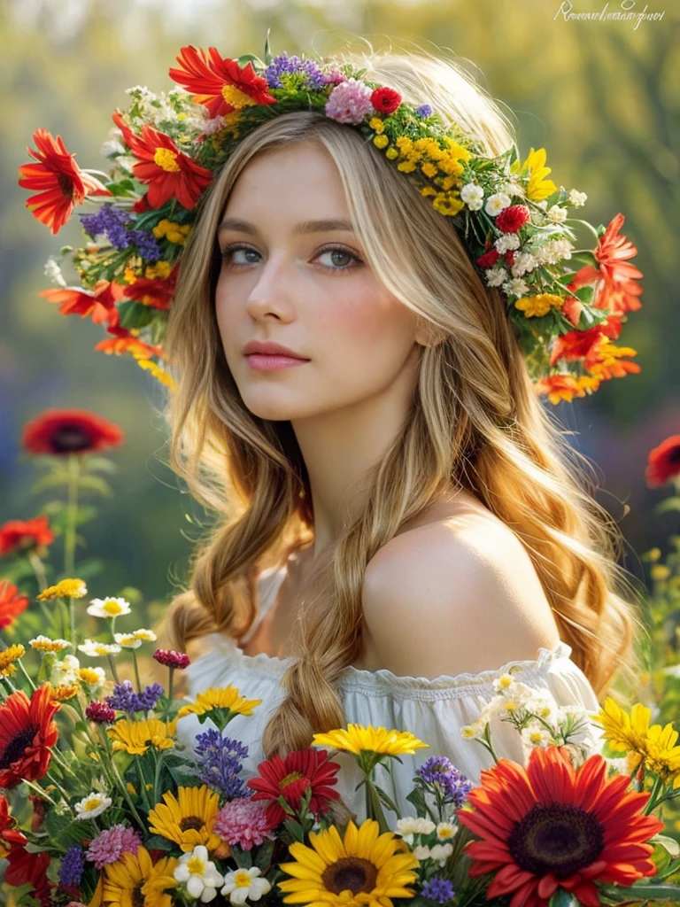 commercial illustration of a woman dressed in flowers with flowers in her hair, in the style of artgerm, vibrant palette knife, franciszek starowieyski, michael malm, captures the essence of nature, sun-kissed palettes, illustration --ar 58:77 --s 750 --style raw , midshot, blonde long hair, eyes on camera