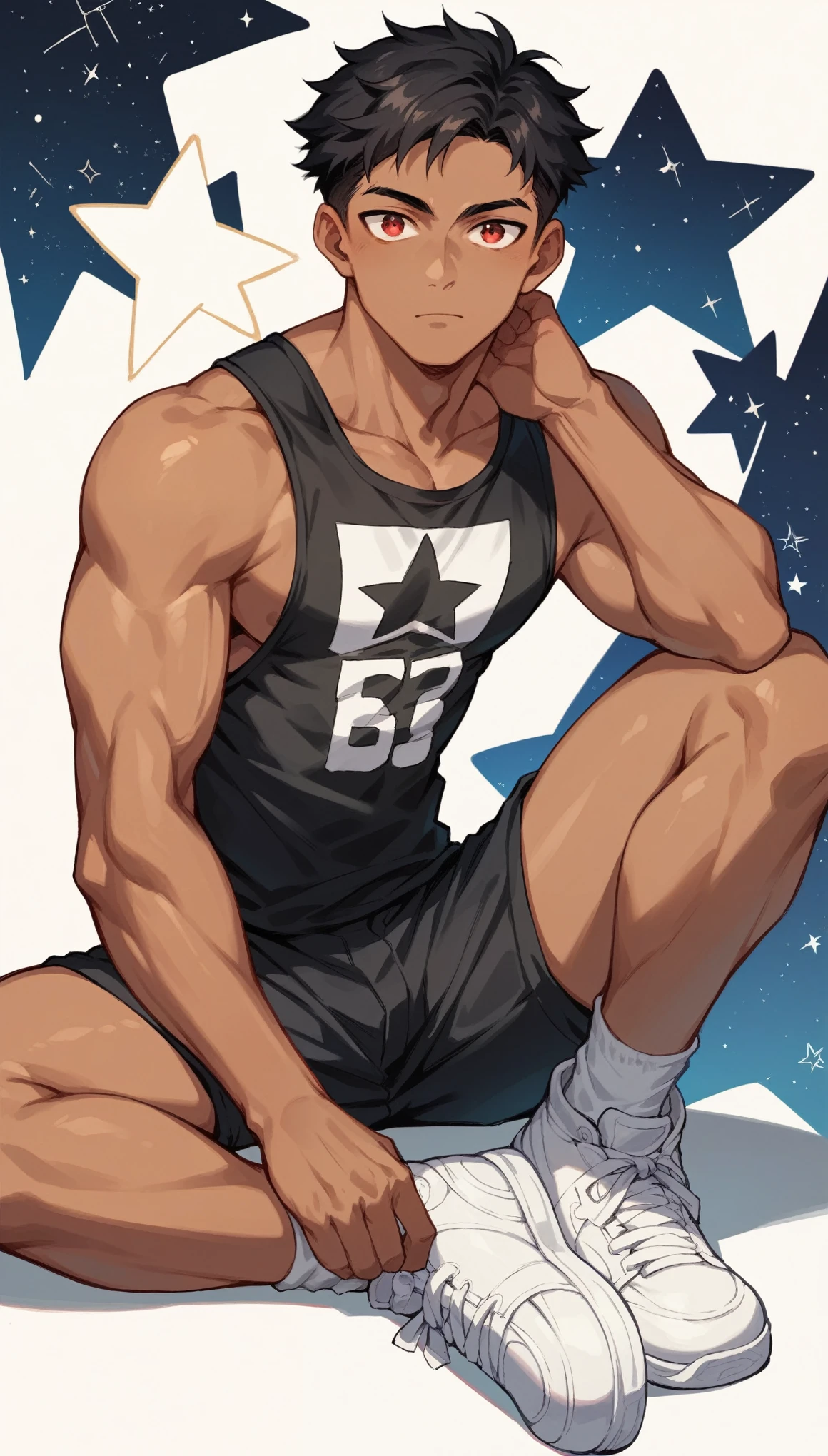 Handsome boy,Black Hair,Tanned skin,black sports wear,Slim body,sit,He has a pair of warm red eyes,Stars background,White socks,White sneakers,Vision