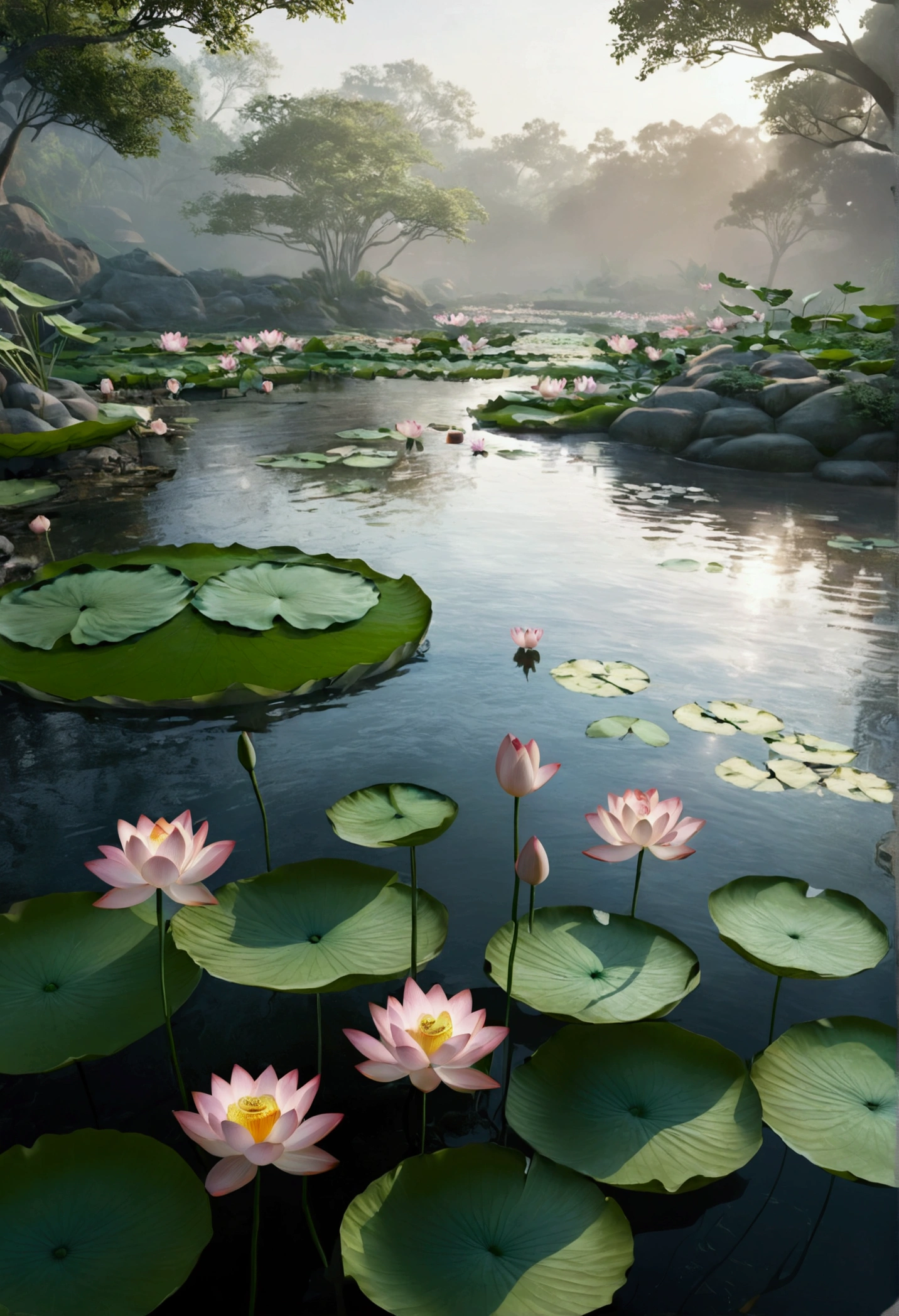 Multiple lotus flowers, By the creek,Water is flowing, Foggy and mysterious,Ray Tracing, Realism,Ultra HD, Retina, masterpiece, precise, Super Detail, Anatomically correct, High Detail, high quality, The award-winning, best quality, high resolution, 16K