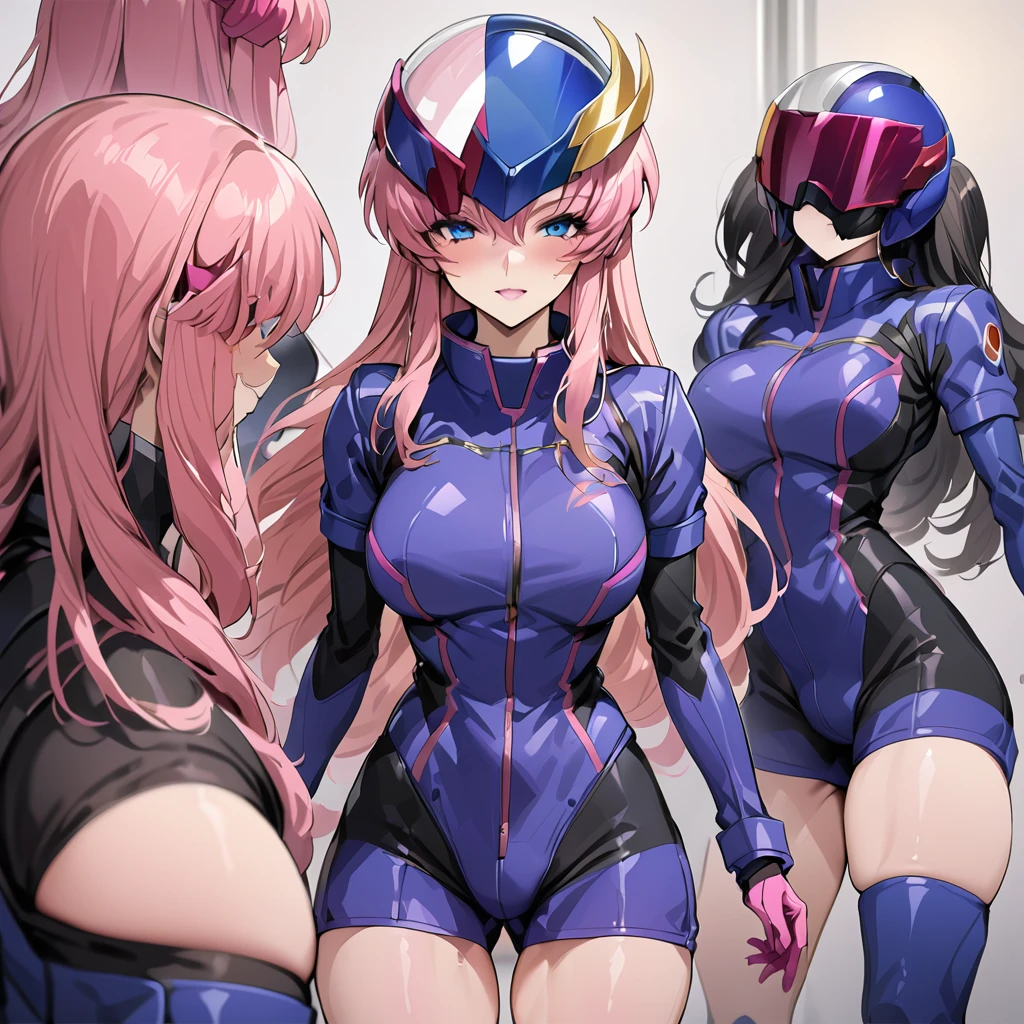 ((Highest quality)), ((masterpiece)), (detailed), （Perfect Face）、Gundam SEED、The woman is Lacus Clyne, with blue eyes, pink medium-long hair and a hair accessory.、The woman is a female officer of the Earth Federation Army, wearing an Earth Federation Army pilot suit and a pilot helmet.