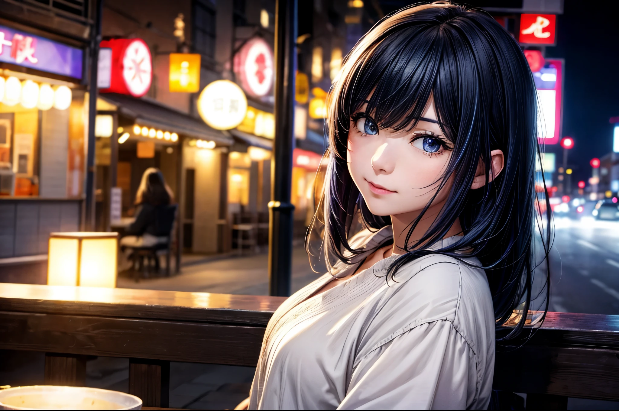 Japanese woman sitting on a park bench, night light, city lights, moonlight, 4K at night, Fuji XT3, 8k, Maximum results, Photographed with a Kodak camera, Winning photo, (超Reality主義:1.5), (best quality:1.5), Reality, Delicate skin texture, masterpiece, (Reality:1.4), original photo,  perfect shade, Reality主義, photography,facial detail texture, Delicate lip texture, Detail ears, Attention to detail, dark blue hair, Blue and purple eyes, Akane Kurokawa, Depth of Field,