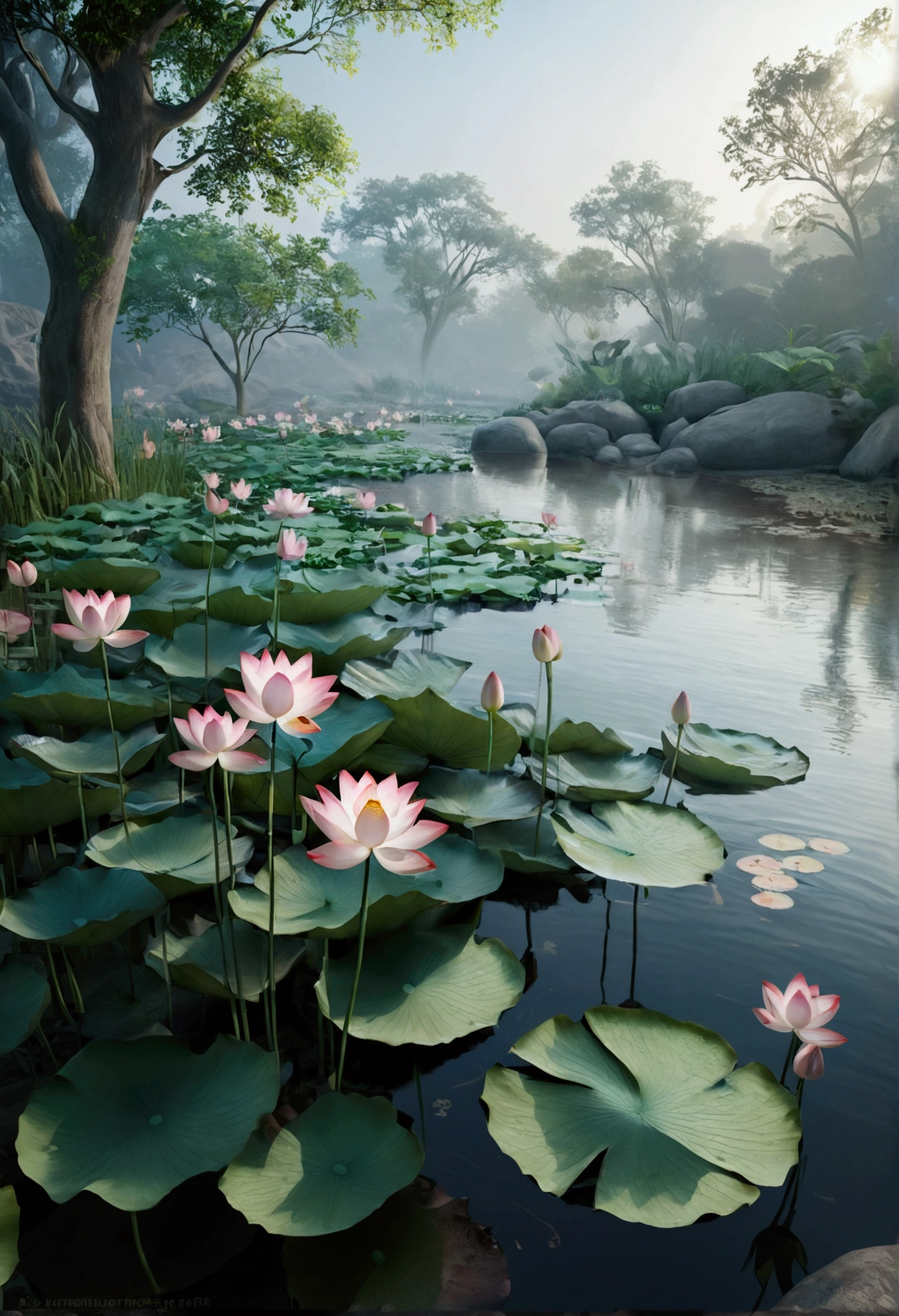 Multiple lotus flowers, By the creek,Water is flowing, Foggy and mysterious,Ray Tracing, Realism,Ultra HD, Retina, masterpiece, precise, Super Detail, Anatomically correct, High Detail, high quality, The award-winning, best quality, high resolution, 16K