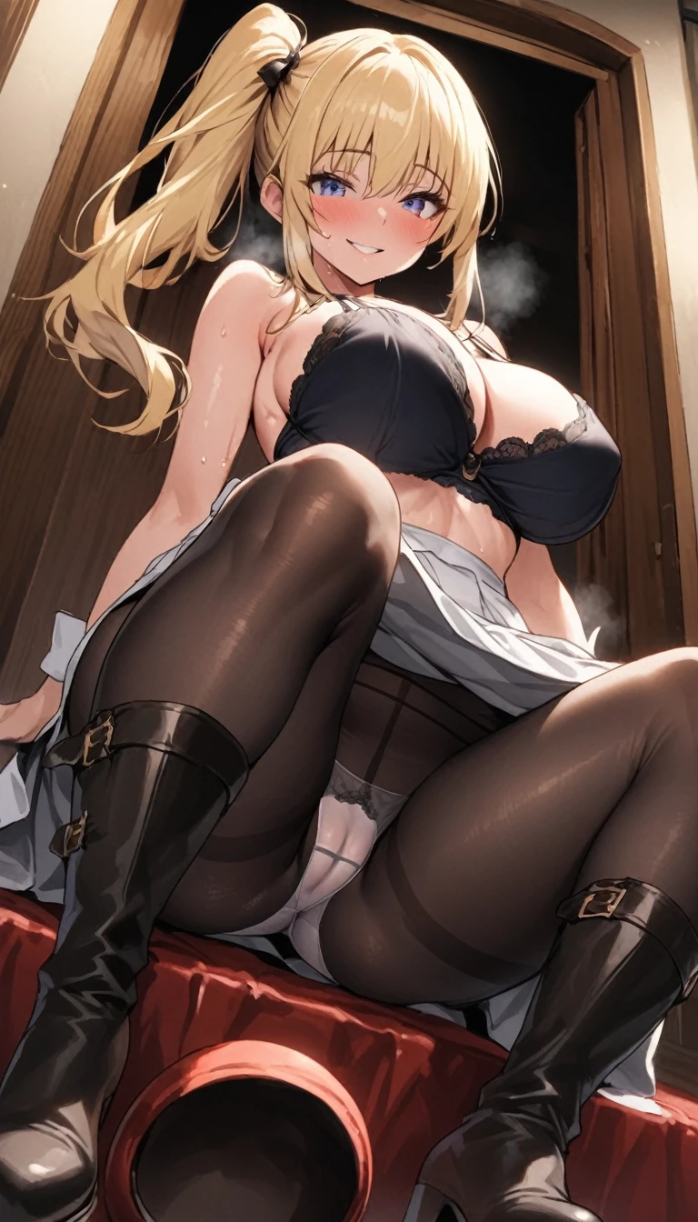woman、Gal、20-year-old、Blonde、Galメイク、mascara、eye shadow、Side Ponytail、Galのセーター、Tight Skirt、Black Pantyhose、panties under pantyhose、entrance、Highest quality, smile,, Big Ass、Big Breasts、Thighs、Sit down and take off your boots、White panties、Big Ass、Sweaty ass、Sweaty crotch、Black bra、Low - Angle、Cowboy Shot、The gesture of taking off boots、Have boots、Steam from boots、Take off one boot、しゃがんでTake off one boot