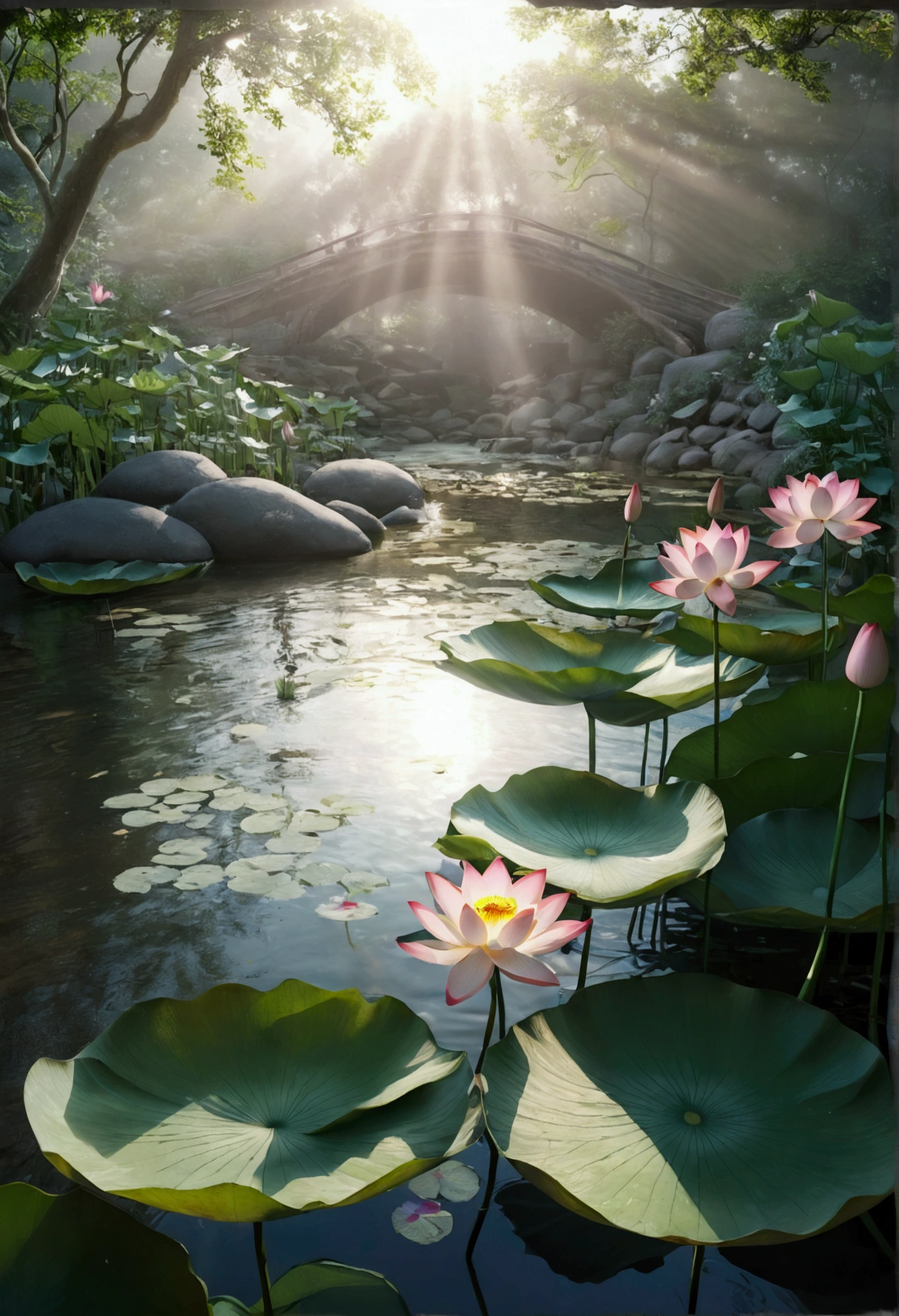 Multiple lotus flowers, By the creek,Water is flowing，Sunlight，Foggy and mysterious，Ray Tracing, Realism，Ultra HD, Retina, masterpiece, precise, Super Detail, Anatomically correct, High Detail, high quality, The award-winning, best quality, high resolution, 16K
