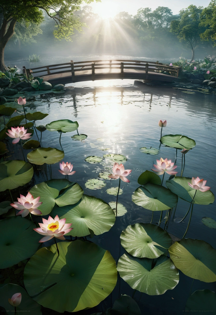 Multiple lotus flowers, By the creek,Water is flowing,Sunlight,Foggy and mysterious,Ray Tracing, Realism,Ultra HD, Retina, masterpiece, precise, Super Detail, Anatomically correct, High Detail, high quality, The award-winning, best quality, high resolution, 16K