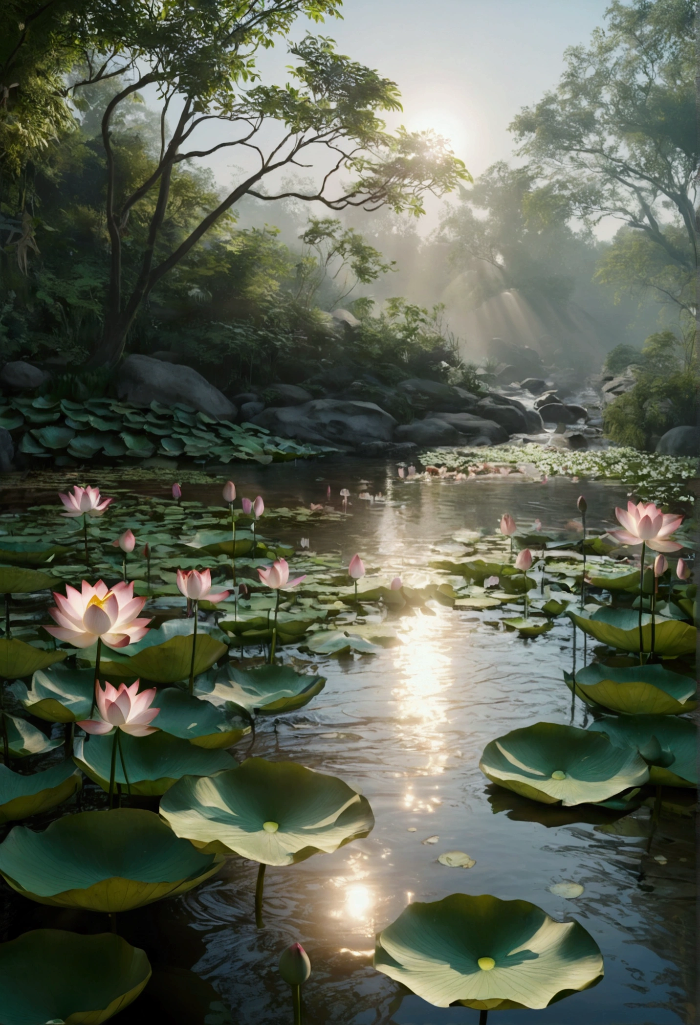 Multiple lotus flowers, By the creek,Water is flowing,Sunlight,Foggy and mysterious,Ray Tracing, Realism,Ultra HD, Retina, masterpiece, precise, Super Detail, Anatomically correct, High Detail, high quality, The award-winning, best quality, high resolution, 16K