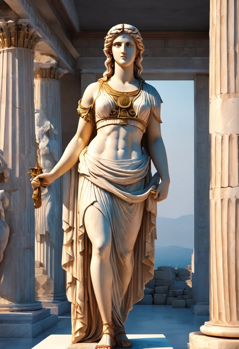 Ancient Greek sculpture、Historical Art、Statue of a young and beautiful ancient Greek goddess in ancient Greek clothing、whole body、Marble statue、Antique、Ruins of ancient Greece、a heavy atmosphere、Traditional atmosphere、(Highest quality,Extremely detailed depiction,High resolution,Anatomically accurate depiction)
