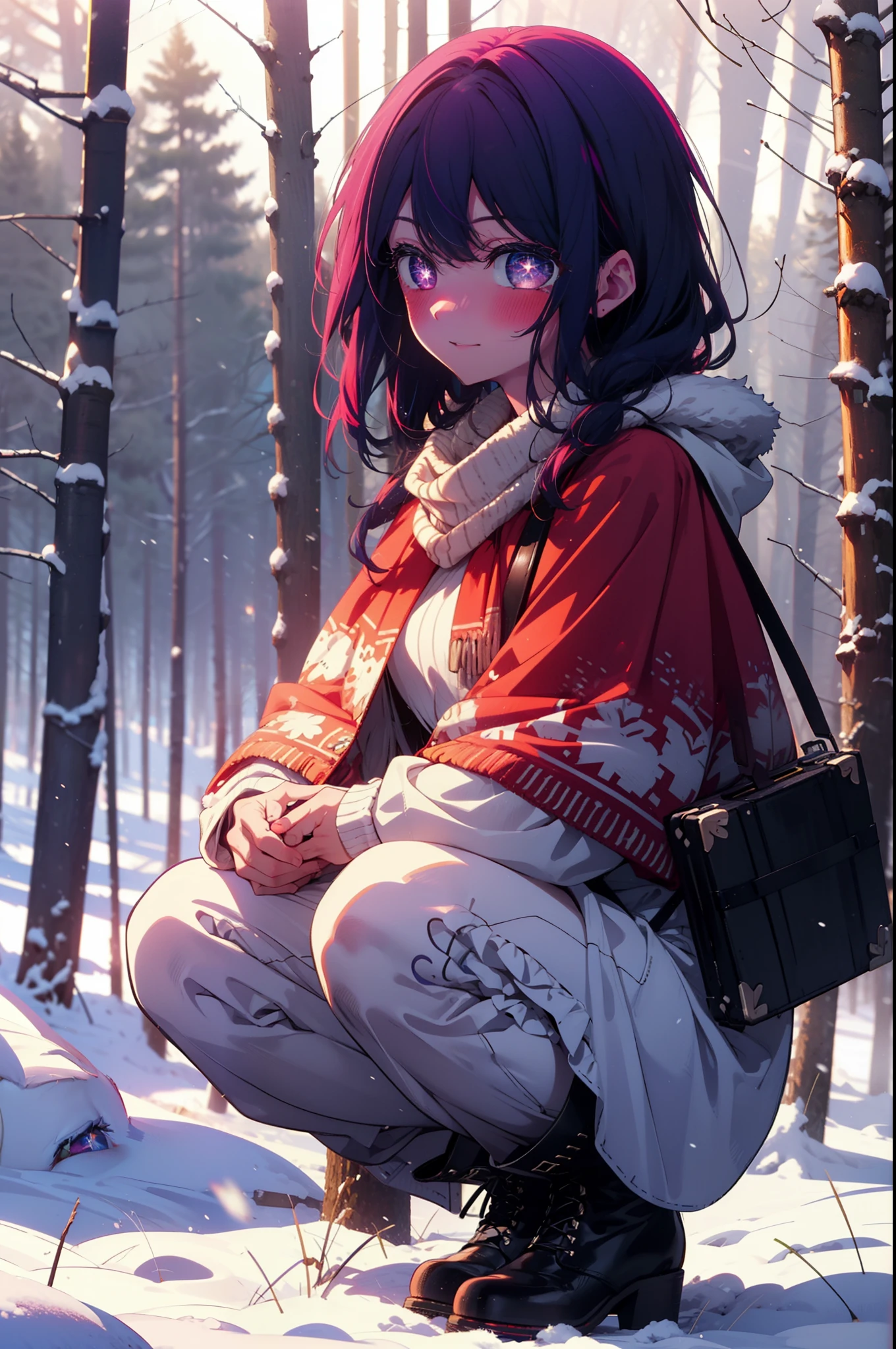 aihoshino, Ai Hoshino, Long Hair, bangs, (Purple eyes:1.1), Purple Hair, (Symbol-shaped pupil:1.5), smile,,smile,blush,white breath,
Open your mouth,snow,Ground bonfire, Outdoor, boots, snowing, From the side, wood, suitcase, Cape, Blurred, , forest, White handbag, nature,  Squat, Mouth closed, Cape, winter, Written boundary depth, Black shoes, red Cape break looking at viewer, Upper Body, whole body, break Outdoor, forest, nature, break (masterpiece:1.2), Highest quality, High resolution, unity 8k wallpaper, (shape:0.8), (Beautiful and beautiful eyes:1.6), Highly detailed face, Perfect lighting, Highly detailed CG, (Perfect hands, Perfect Anatomy),