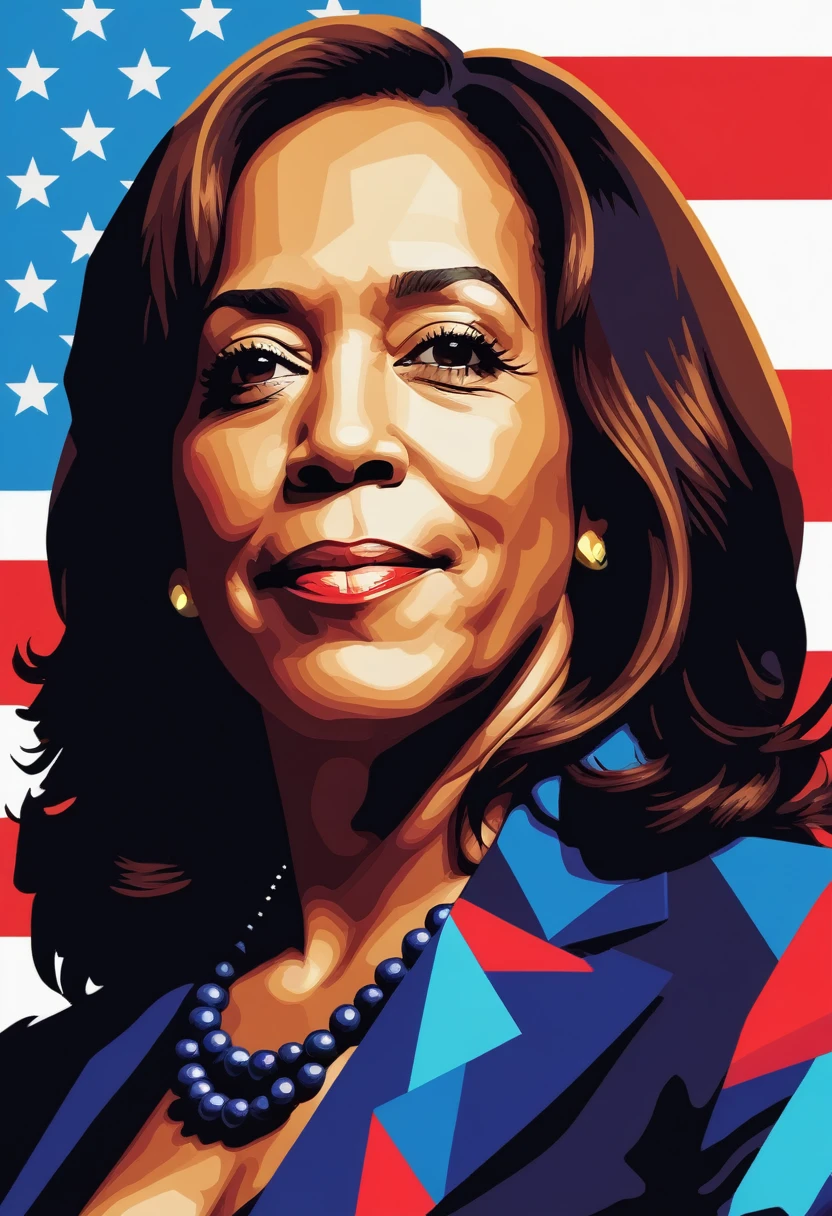 WPAP style, pop art, Kamala Harris, majestic, illustration, geometric, american flag in the background