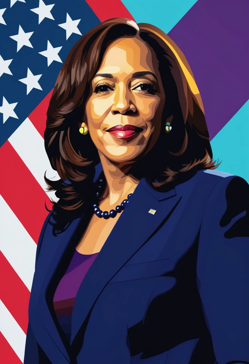 WPAP style, pop art, Kamala Harris, majestic, illustration, geometric, american flag in the background