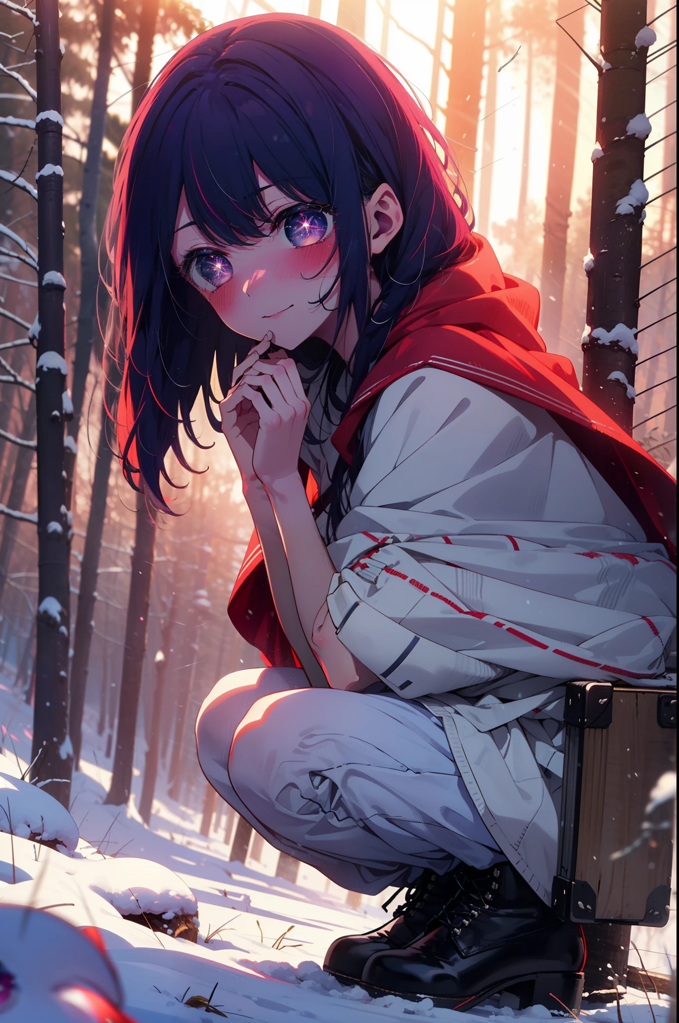 aihoshino, Ai Hoshino, Long Hair, bangs, (Purple eyes:1.1), Purple Hair, (Symbol-shaped pupil:1.5), smile,,smile,blush,white breath,
Open your mouth,snow,Ground bonfire, Outdoor, boots, snowing, From the side, wood, suitcase, Cape, Blurred, , forest, White handbag, nature,  Squat, Mouth closed, Cape, winter, Written boundary depth, Black shoes, red Cape break looking at viewer, Upper Body, whole body, break Outdoor, forest, nature, break (masterpiece:1.2), Highest quality, High resolution, unity 8k wallpaper, (shape:0.8), (Beautiful and beautiful eyes:1.6), Highly detailed face, Perfect lighting, Highly detailed CG, (Perfect hands, Perfect Anatomy),