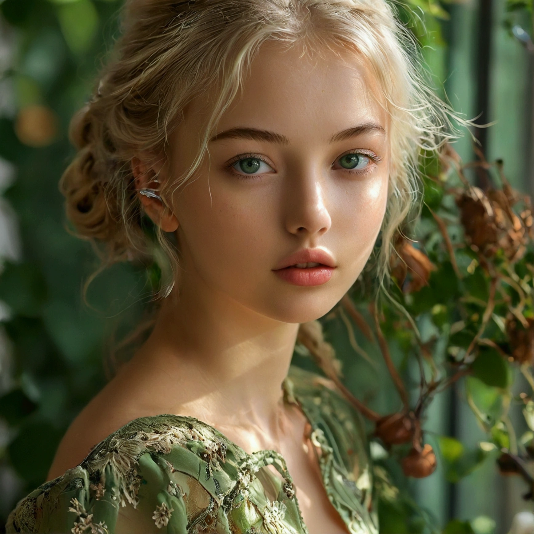 Une femme de type polonaise posée et séduisante aux yeux vert captivants, ressemblant à l'ultra-réaliste Sophie Mudd. fille blonde, Elle porte du maquillage naturel, dégage un charme sexy dans un chemisier, couleur de cheveux blonds et assise dans une terrasse .