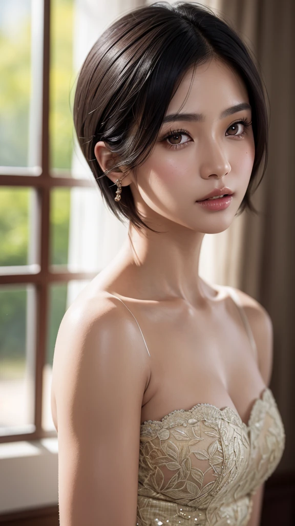 (masterpiece, best quality, hires, high resolution:1.2), (extremely detailed, intricate details, highres), (medium close-up:1.2) , (medium shot:1.2), (face focus:1.1), (soft focus:1.2), low lighting, (out of focus:1.2), bokeh, f1.4, 40mm, photorealistic, raw, 8k, ((textured skin:1.1, skin pores:0.3, realistic skin:1.1)), intricate details, 1woman, (ultra sharp image), black hair, short straight hair style, very beautiful woman , The world's largest aquarium,There are sharks in a large aquarium that reaches all the way to the ceiling.,V-neck,Off-shoulder white sweater,jeans,