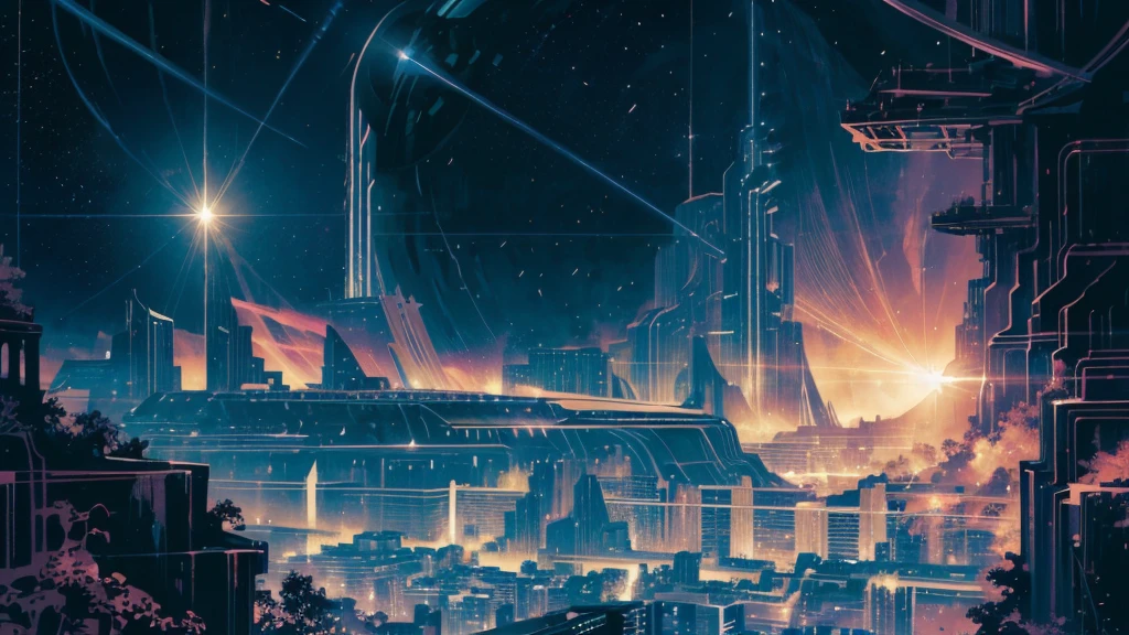 Brightly colored abstract (aerial view) image of a space station with a spiral, neon colors, epic beautiful space sci-fi, chaotic cinematic space rift, greg beeple, planets colliding, beeple and tim hildebrandt, beeple and jean giraud, end of the universe, galaxy space sci-fi, ringworld, by Mike "Beeple" Winkelmann. at night, (((1girl, solo))), photo realistic, (large-breast:1.2 slim:0.8 body, cleavage:1.4), (sexy lingerie, miniskirt, micro panty), (matrix style black micro sunglasses), (holding a pistol), looking at camera, very low view, half-body thigh level medium shot, cinematic lighting, lens flare, ray tracing.