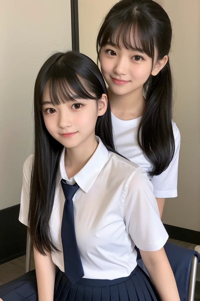 16 years old,high school girl,uniform,Black Hair,bangs,ponytail,Straight hair,Dark Eyes,Small face,Young Face,Clean your eyes,Small Mouth,thin,Young Face,Small breasts,Small breasts,Small breasts,Small breasts,Realistic photos,8k,Mouth slightly open,Ultra HD,whole body,Pure girl,whole body,,White short sleeve blouse,Check Pleated Skirt,smile,classroom,
