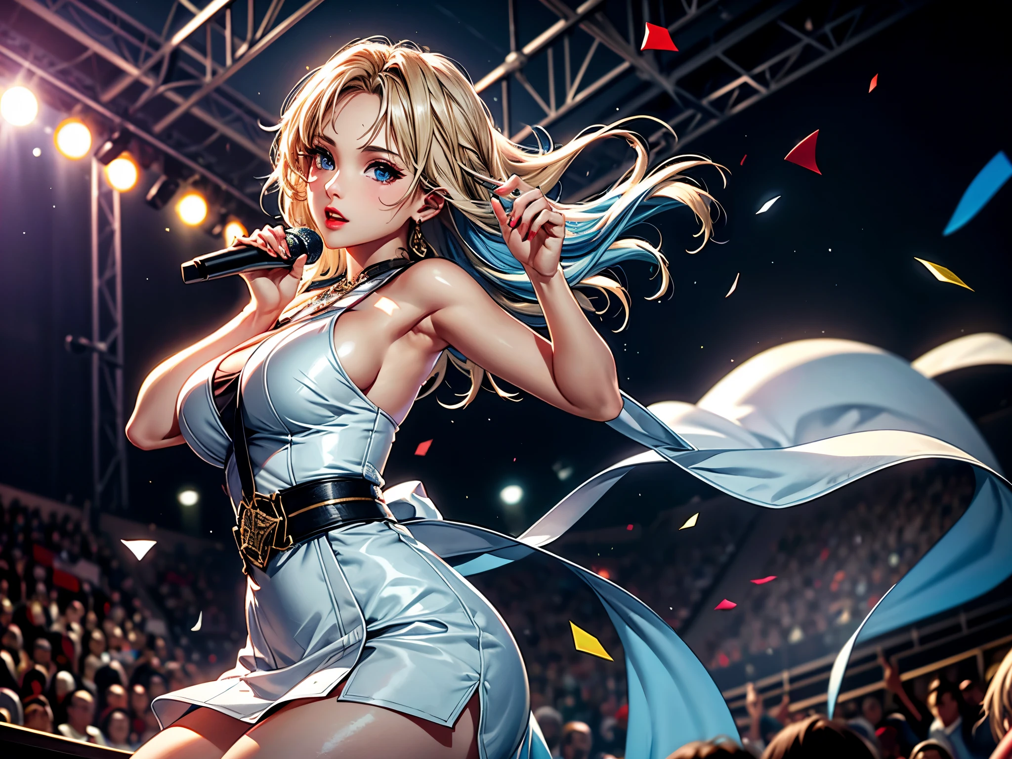 1 lady solo, K-POP artist, portrait, (singing:1.2) (dynamic posing:1.2), (stylish outfit), beautiful mature female, /(beige blonde hair streaked sky-blue hair end/), bang, focus on eyes, large breasts, BREAK, (holding a microphone) , one hand up, face to audience, BREAK, (large music stage) indoors, Year-end music concert, various colored spotlight, confetti, Chrome flakes, Luminous support stick, audience, POV from side, 8K, (best quality:1.2), delicate illustration, ultra-detailed, Ultra-high resolution, The best masterpiece, Very detailed, Complete Solution, HD RAW photos, career arrest, High quality and beautiful, UHD 8k image, confess, Very detailed beautiful girl, Super delicate face shape, Contoured eyes, (Very detailed eyes), Precisely shaped nose, expressive lips, Delicate skin, (HD Skin:1.2), Neatly contoured fingers, Every feature is carefully displayed , perfect anatomy, Detailed HD background, (Volumetric lighting, Dynamic lighting:1.2), actual, stunning details, 8k Ultra HD, CG unity, C4D Rendering, 3D Rendering, Octane Rendering,