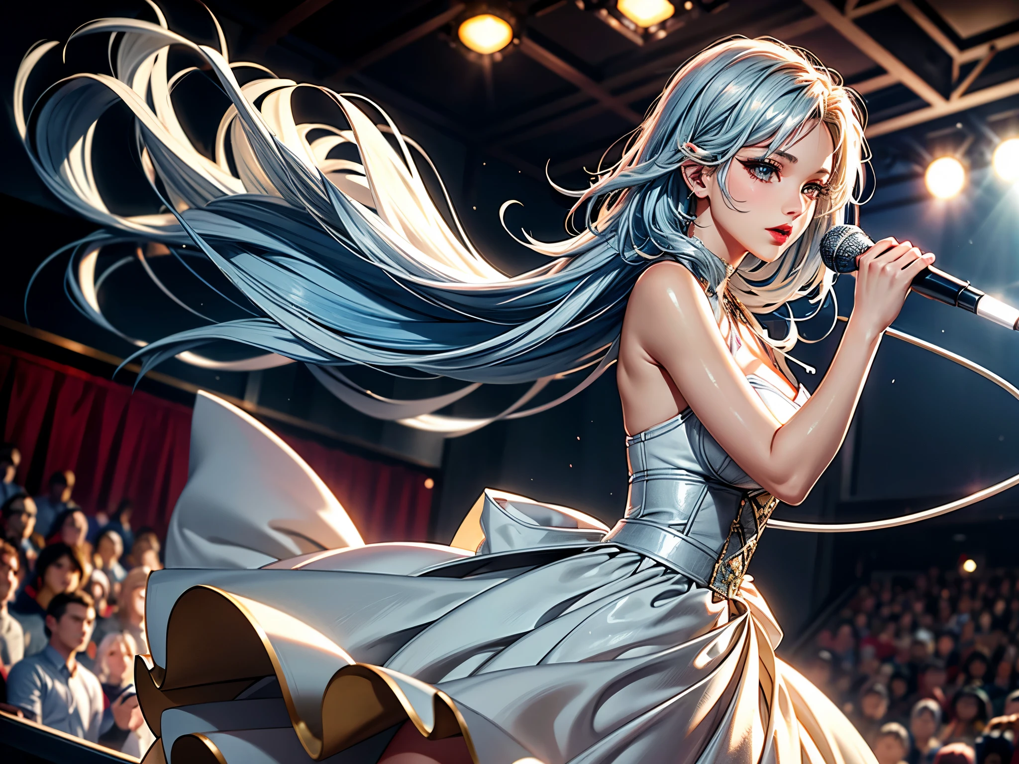 1 lady solo, K-POP artist, (singing:1.2) (dynamic posing:1.2), (stylish outfit), beautiful mature female, /(beige blonde hair streaked sky-blue hair end/), bang, masterpiece (best quality:1.2), delicate illustration, ultra-detailed, large breasts, BREAK, (holding a microphone) , one hand up, face to audience, BREAK, (large music stage) indoors, various colored spotlight, audience, POV from side, 8k, Ultra-high resolution, The best masterpiece, best quality:1.2), Very detailed, Complete Solution, (actual, actual photo: 1.37), portrait, focus on eyes, HD RAW photos, career arrest, High quality and beautiful, UHD 8k image, confess, Professional photography, Very detailed beautiful girl, Super delicate face shape, Contoured eyes, (Very detailed eyes), Precisely shaped nose, expressive lips, Delicate skin, (HD Skin:1.2), Neatly contoured fingers, Every feature is carefully displayed , perfect anatomy, Detailed background, HD Background, (Volumetric lighting, Dynamic lighting:1.2), actual, stunning details, 8k Ultra HD, high quality, CG unity, C4D Rendering, 3D Rendering, Octane Rendering,