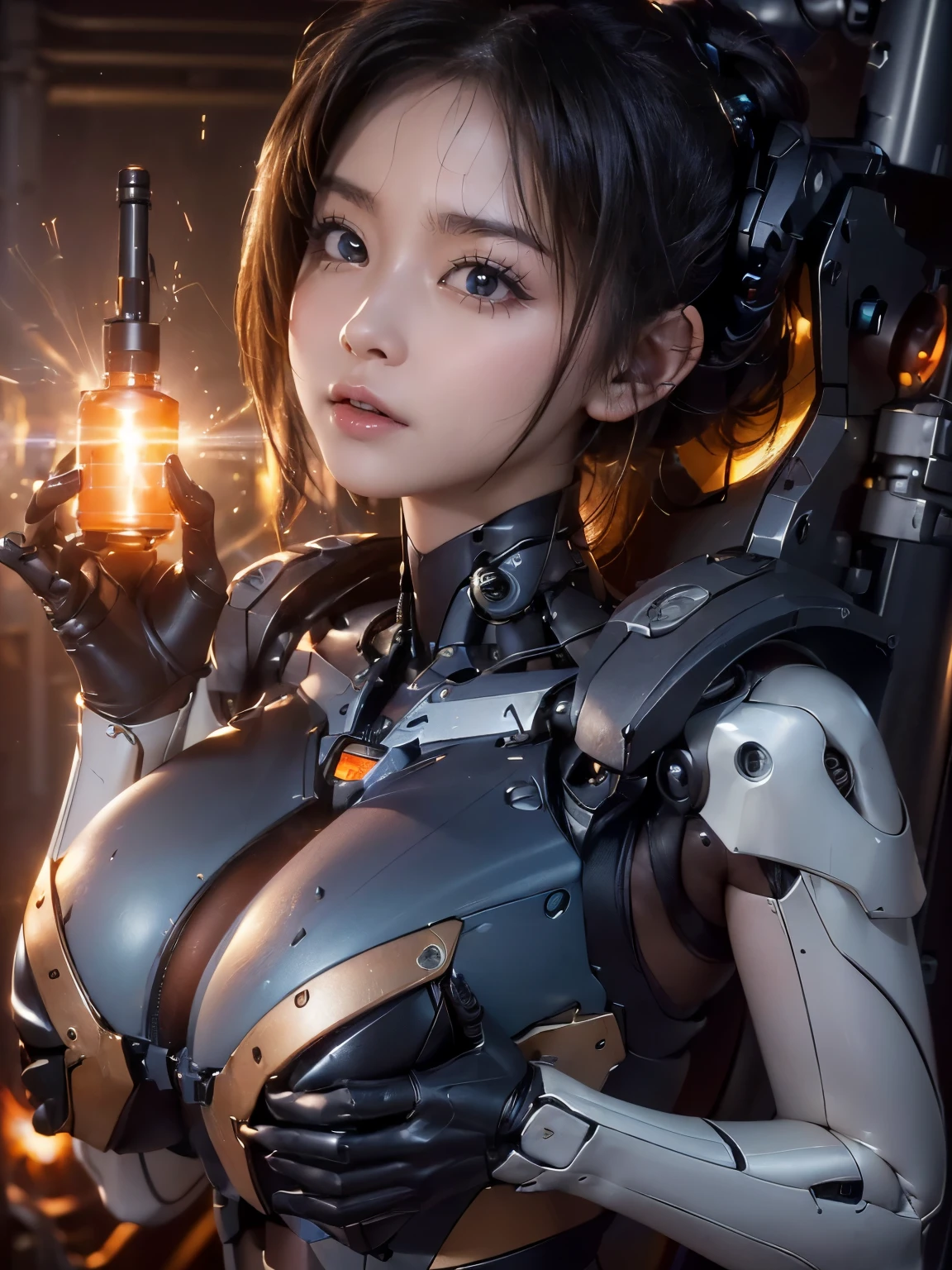 (a humanoid has mechanical body and head, (((emit rays from many lens with instead of breasts on her body))), (cables), round face, in a huge factory), ((mechanical chest and hands, ((dropping machine oil from her body)))), drooping eyes,