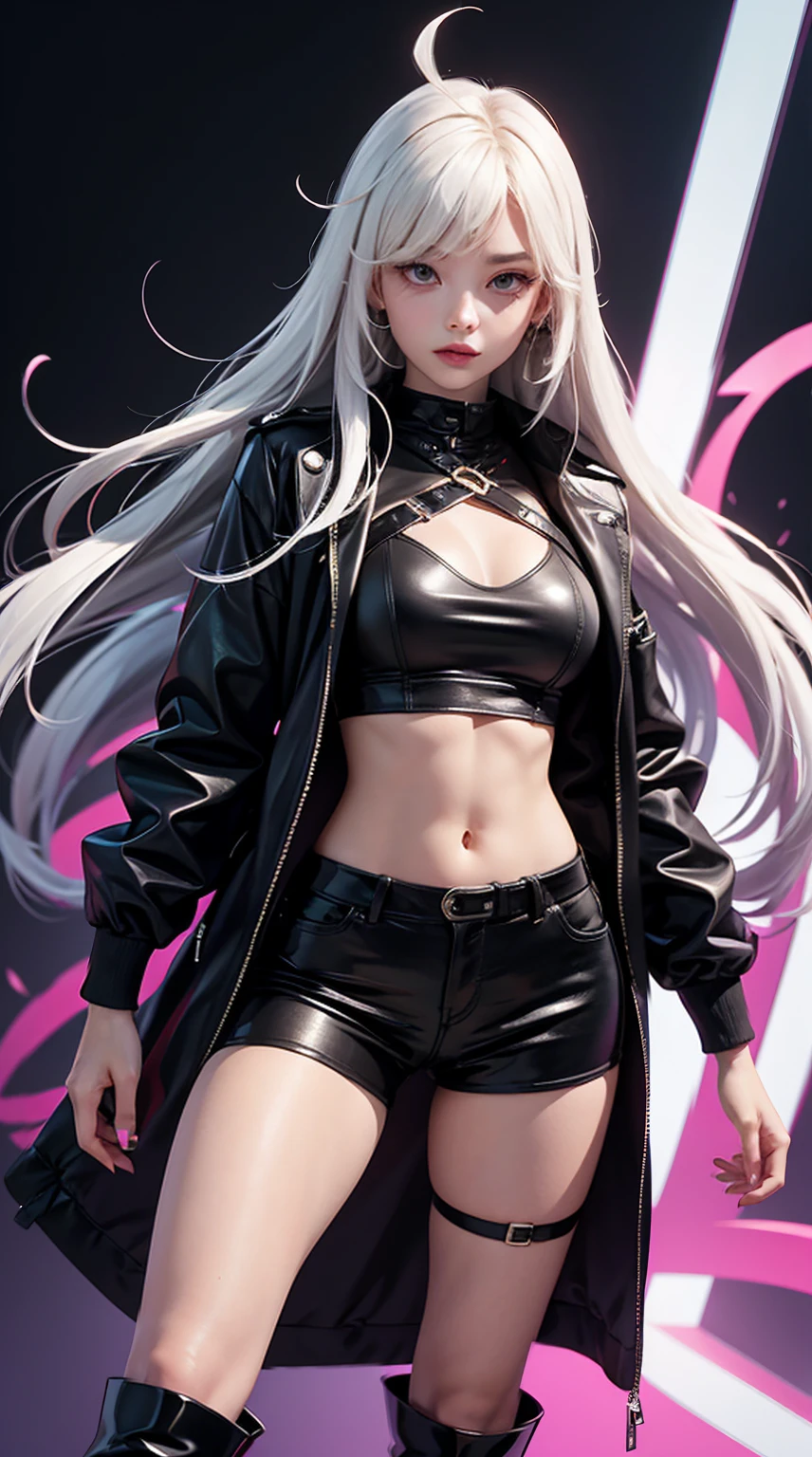 Thelema Nutriscu from *Honkai Impact 3rd* has a striking and elegant appearance. She is often depicted in a red and black dress-like jacket, featuring a long left side and an open midriff, complemented by black hotpants. Her outfit includes heeled boots with pink soles, long hair, white hair, purple eyes, white pupil