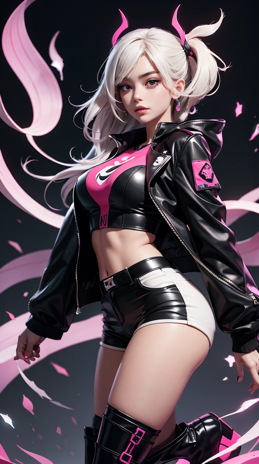 Thelema Nutriscu from *Honkai Impact 3rd* has a striking and elegant appearance. She is often depicted in a red and black dress-like jacket, featuring a long left side and an open midriff, complemented by black hotpants. Her outfit includes heeled boots with pink soles, long hair, white hair, purple eyes, white pupil