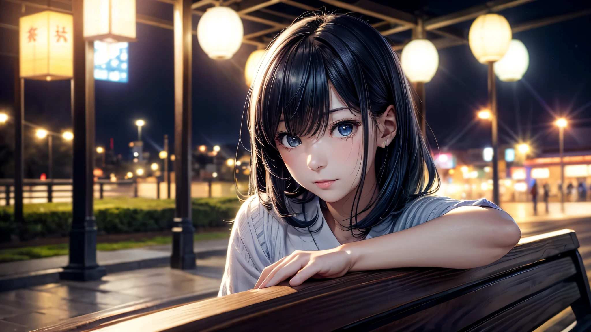 Japanese woman sitting on a park bench, night light, city lights, moonlight, 4K at night, Fuji XT3, 8k, Maximum results, Photographed with a Kodak camera, Winning photo, (超Reality主義:1.5), (best quality:1.5), Reality, Delicate skin texture, masterpiece, (Reality:1.4), original photo, perfect shade, Reality主義, photography,facial detail texture, Delicate lip texture, Detail ears, Attention to detail, dark blue hair, Blue and purple eyes, Akane Kurokawa, Depth of Field,