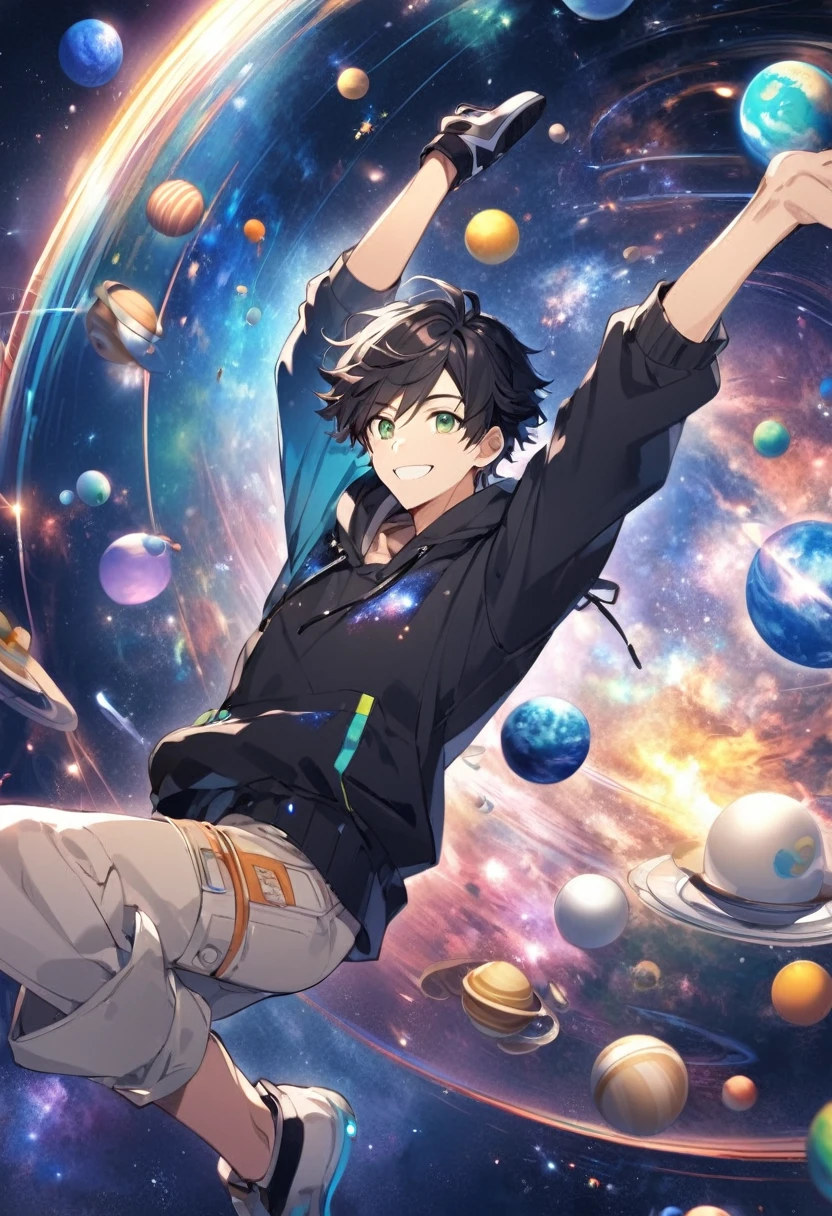 male Green Eyes Black Hair Short Hair Fantastic Galaxy Wearing a hoodie Your smile is cute Dynamic movement in zero gravity Around 30 years old