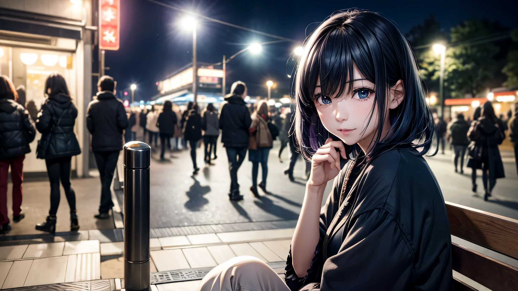Japanese woman sitting on a park bench, night light, city lights, moonlight, 4K at night, Fuji XT3, 8k, Maximum results, Photographed with a Kodak camera, Winning photo, (超Reality主義:1.5), (best quality:1.5), Reality, Delicate skin texture, masterpiece, (Reality:1.4), original photo, perfect shade, Reality主義, photography,facial detail texture, Delicate lip texture, Detail ears, Attention to detail, dark blue hair, Blue and purple eyes, Akane Kurokawa, Depth of Field,