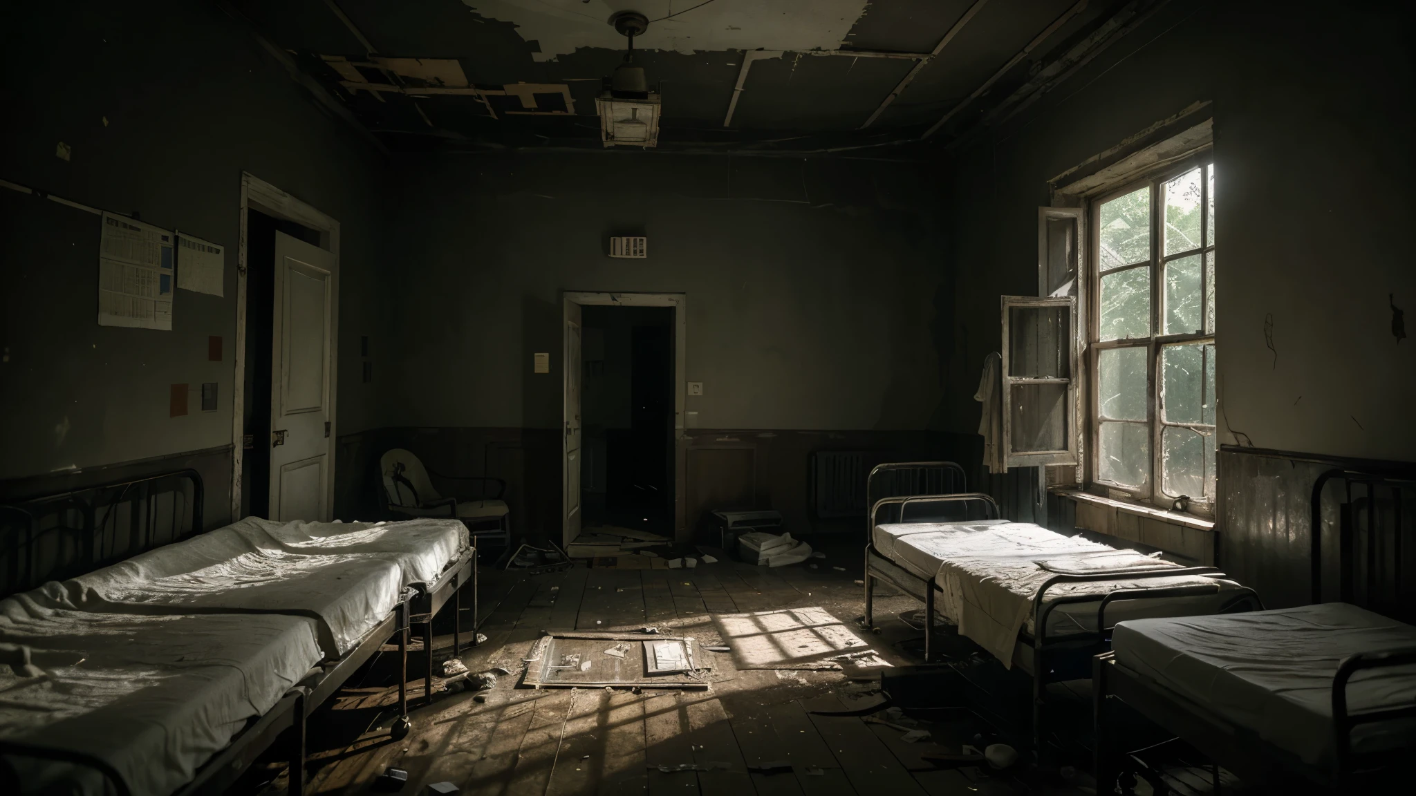 A dilapidated hospital deep in the forest, at night surrounded by impenetrable darkness. The windows are broken, and tendrils wind through the cracks in the walls. Abandoned rollaway beds stand crookedly in the corridors, and faded, bloody handprints decorate the walls. The flickering of a defective neon tube casts eerie shadows, while the quiet dripping of water can be heard from a distance. An old, dusty medical record lies on the floor, the data on it is hardly readable. Suddenly a quiet, ghostly whispers, as if the ghosts of the past want to tell their stories.