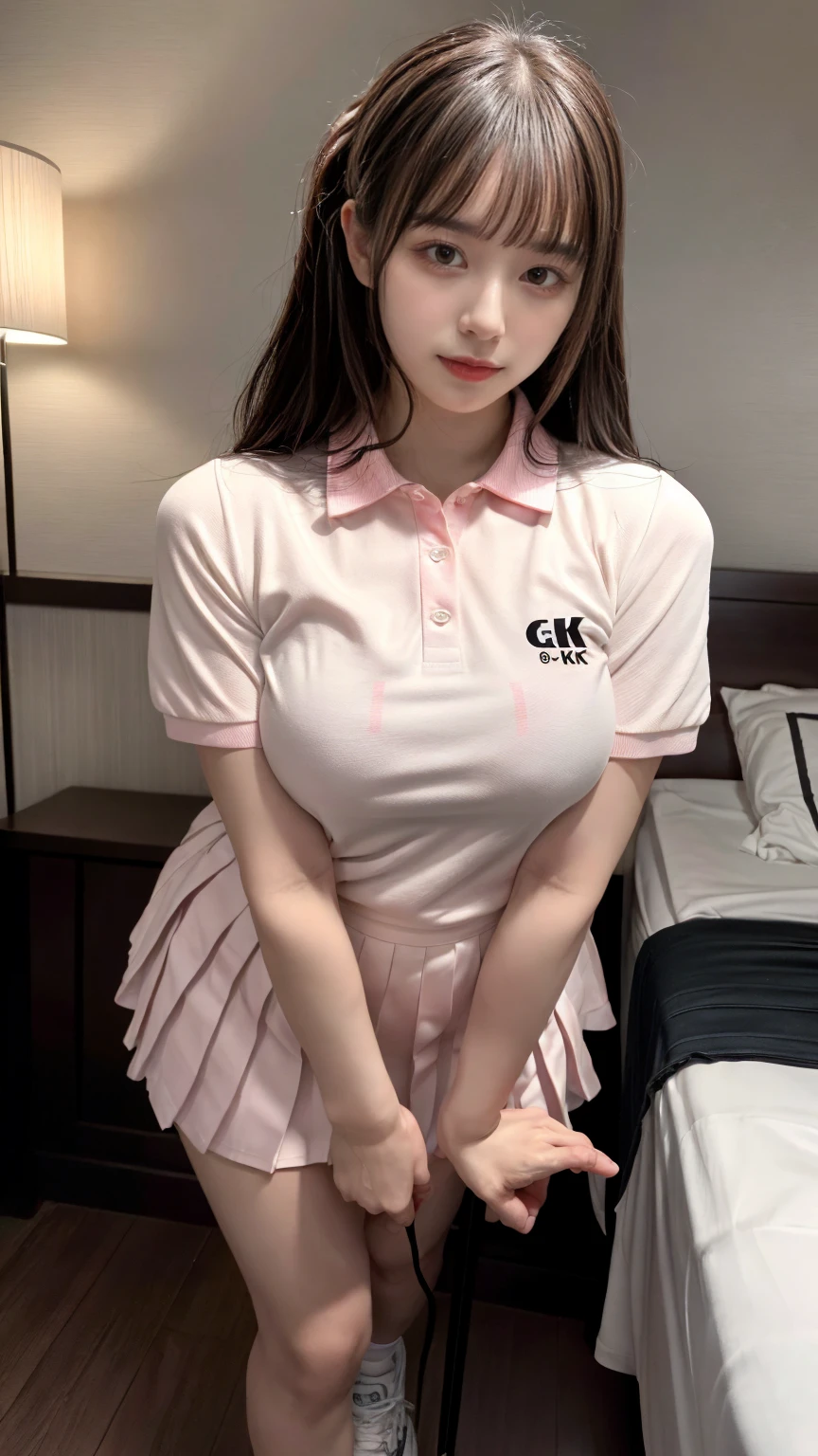 (absurdres:1.3), (highres:1.3), (ultra detailed:1.3),(1girl:1.3), (extremely detailed CG unity 8k wallpaper:1.3), (detailed skin texture, detailed cloth texture, detailed hair texture), (beautiful detailed face, supermodel, pale skin, realistic glistening skin), (RAW photo, best quality), (realistic, photo-realistic:1.4), masterpiece, extremely delicate and beautiful,Amazing, finely detail, extremely detailed CG unity 8k wallpaper, huge filesize, ultra-detailed, highres, absurdres, soft light,rim light, vibrant details, hotel room, straight hair, large breasts, black hair color, Big Natural Color Lip, (perfect body shape), beautiful legs, BREAK (white theme:1.4), (tucked-out short sleeve white polo shirt:1.4), (pink lines on tops outline:1.3), (pure white pleated mini skirt:1.3), (hem of top covers top half of skirt:1.3), (pink fluffy scrunchie on wrist:1.3), (white and pink sports shoes:1.2), crying a little、little smile, Harajuku style、20 year old girl、cute type、lolita、standing