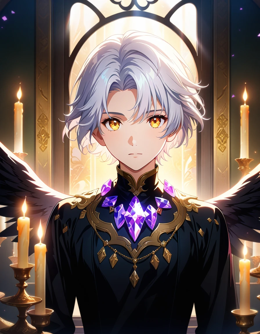 masterpiece, best quality, Detailed eyes, detailed face, Solo, Male, ((man)), 1man, athletic build, Aasimar, short hair, ((White Hair)), golden eyes, ((gold eyes)), black outfit, (Wearing black clothes), Gold Trim, wearing a crystal necklace, (((purple crystal))), wings, angle wings, ((black wings)), holding a candle, window, behind character, (light coming from behind window), candles in background, full body portrait, (facing viewer), (extremely detailed CG unity 8k wallpaper), (best quality), (best illustration), (best shadow), absurdres, realistic lighting, Dynamic lighting, beautiful detailed glow,