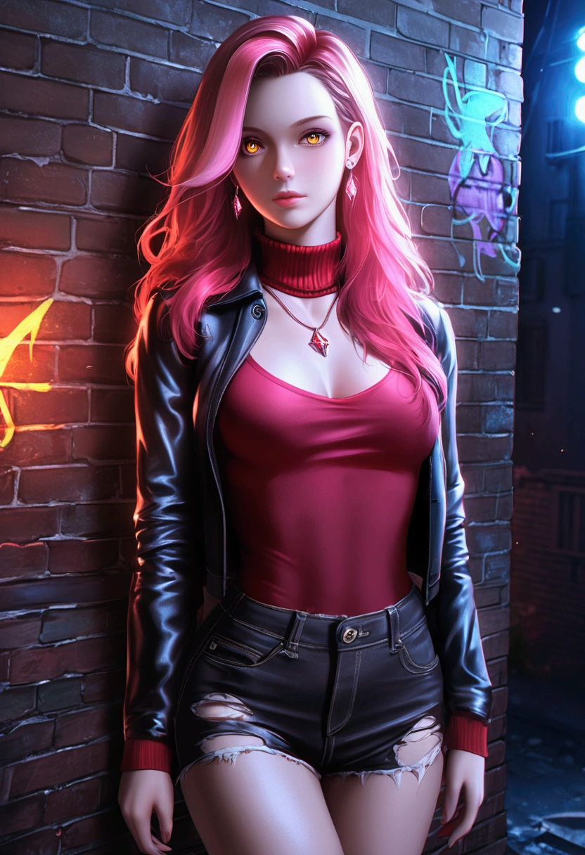 (masterpiece, best quality, 1 girl, solo, intricate details, chromatic aberration), realistic, ((medium breath)),long hair, red hair, red decoration on the head, pink highlights, amber eyes, earrings, sharp eyes, necklace, neon shirt, ripped shorts, unbuttoned jacket, turtleneck, night, against the wall, brick wall, graffiti, dim lighting, alley, look at the viewer