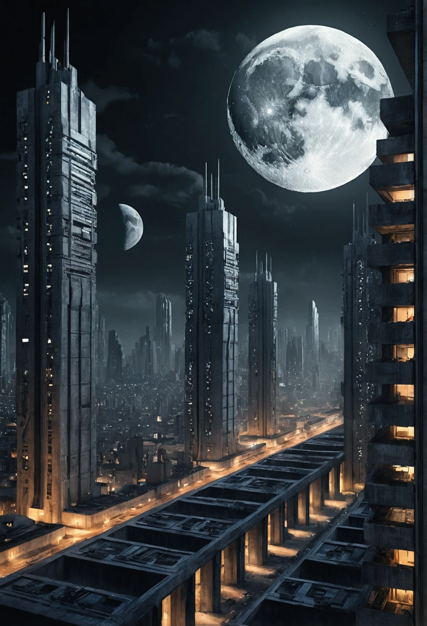 A dystopian futuristic metropolis with lots of brutalist architecture. Full moon. Atmospheric.