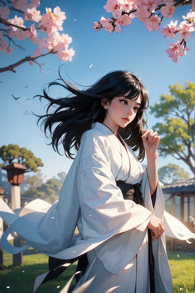 The ghost of a beautiful woman with black hair and wearing a white kimono under a willow tree