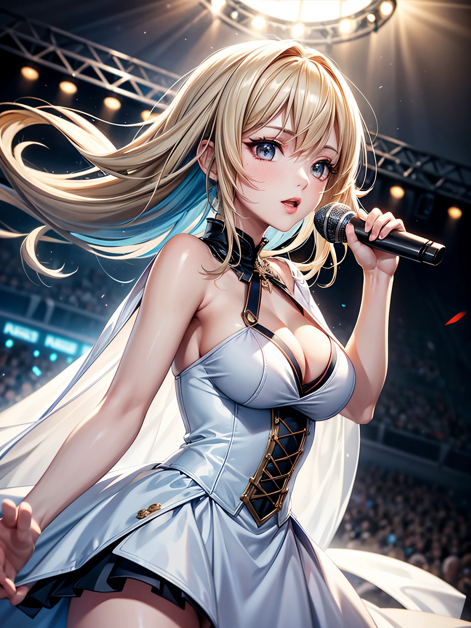 1 lady solo, k-pop artist, (Sing:1.2) (dynamic posing:1.2), (Stylish clothing), beautiful mature women, /(Beige blonde with streaks and sky blue hair tail/), boom, masterpiece (best quality:1.2), exquisite illustrations, Super detailed, Large Breasts, rest, (Hold the microphone) , one hand raised, face to audience, rest, (large music stage) Indoors, Spotlights of various colors, audience, View from the side, 8k, Ultra-high resolution, The best masterpiece, best quality:1.2), Very detailed, complete solution, (actual, actual photo: 1.37), portrait, focus on eyes, HD original photos, career arrest, high quality、beautiful, UHD 8k image, admit, Professional photography, Very detailed beautiful girl, Super delicate face shape, eye contour, (Very detailed eyes), Precise nose shape, expressive lips, delicate skin, (HD Skin:1.2), Fingers neatly contoured, Every feature is carefully displayed , perfect anatomy, Detailed Background, HD Background, (Volumetric lighting, Dynamic lighting:1.2), actual, stunning details, 8k Ultra HD, high quality, CG unity, C4D Rendering, 3D Rendering, Octane Rendering,
