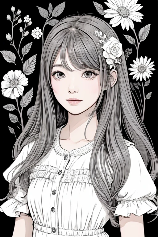 Coloring book、girl flower long hair illustration