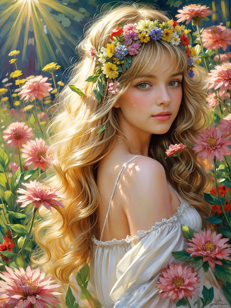 commercial illustration of a woman dressed in flowers with flowers in her hair, in the style of artgerm, vibrant palette knife, franciszek starowieyski, michael malm, captures the essence of nature, sun-kissed palettes, illustration --ar 58:77 --s 750 --style raw , midshot, blonde long hair, eyes on camera