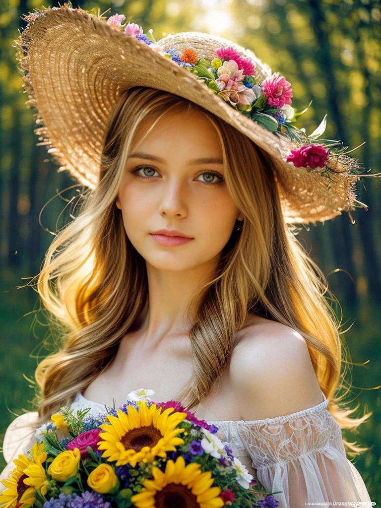 commercial illustration of a woman dressed in flowers with flowers in her hair, in the style of artgerm, vibrant palette knife, franciszek starowieyski, michael malm, captures the essence of nature, sun-kissed palettes, illustration --ar 58:77 --s 750 --style raw , midshot, blonde long hair, eyes on camera