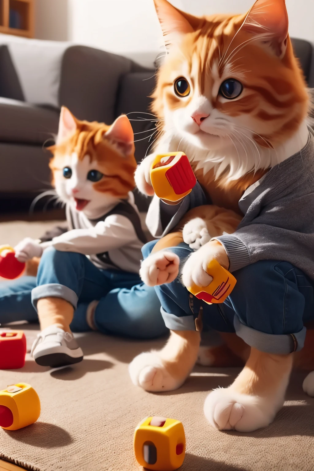 2 cats, playing game, eating snacks