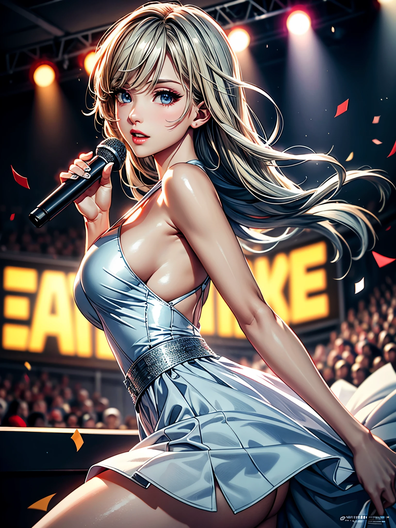 1 lady solo, K-POP artist, portrait, (singing:1.2) (dynamic posing:1.2), (stylish outfit), beautiful  female, /(beige blonde hair streaked sky-blue hair end/), bang, focus on eyes, large breastK, (holding a microphone) , one hand up, face to audience, BREAK, (large music stage) indoors, Year-end music concert, various colored spotlight, confetti, Chrome flakes, Luminous support stick, audience, POV from side, 8K, (best quality:1.2), delicate illustration, ultra-detailed, Ultra-high resolution, The best masterpiece, Very detailed, Complete Solution,  HD RAW photos, career arrest, High quality and beautiful, UHD 8k image, confess, Very detailed beautiful girl, Super delicate face shape, Contoured eyes, (Very detailed eyes), Precisely shaped nose, expressive lips, Delicate skin, (HD Skin:1.2), Neatly contoured fingers, Every feature is carefully displayed , perfect anatomy, Detailed HD background, (Volumetric lighting, Dynamic lighting:1.2), actual, stunning details, 8k Ultra HD, CG unity, C4D Rendering, 3D Rendering, Octane Rendering,
